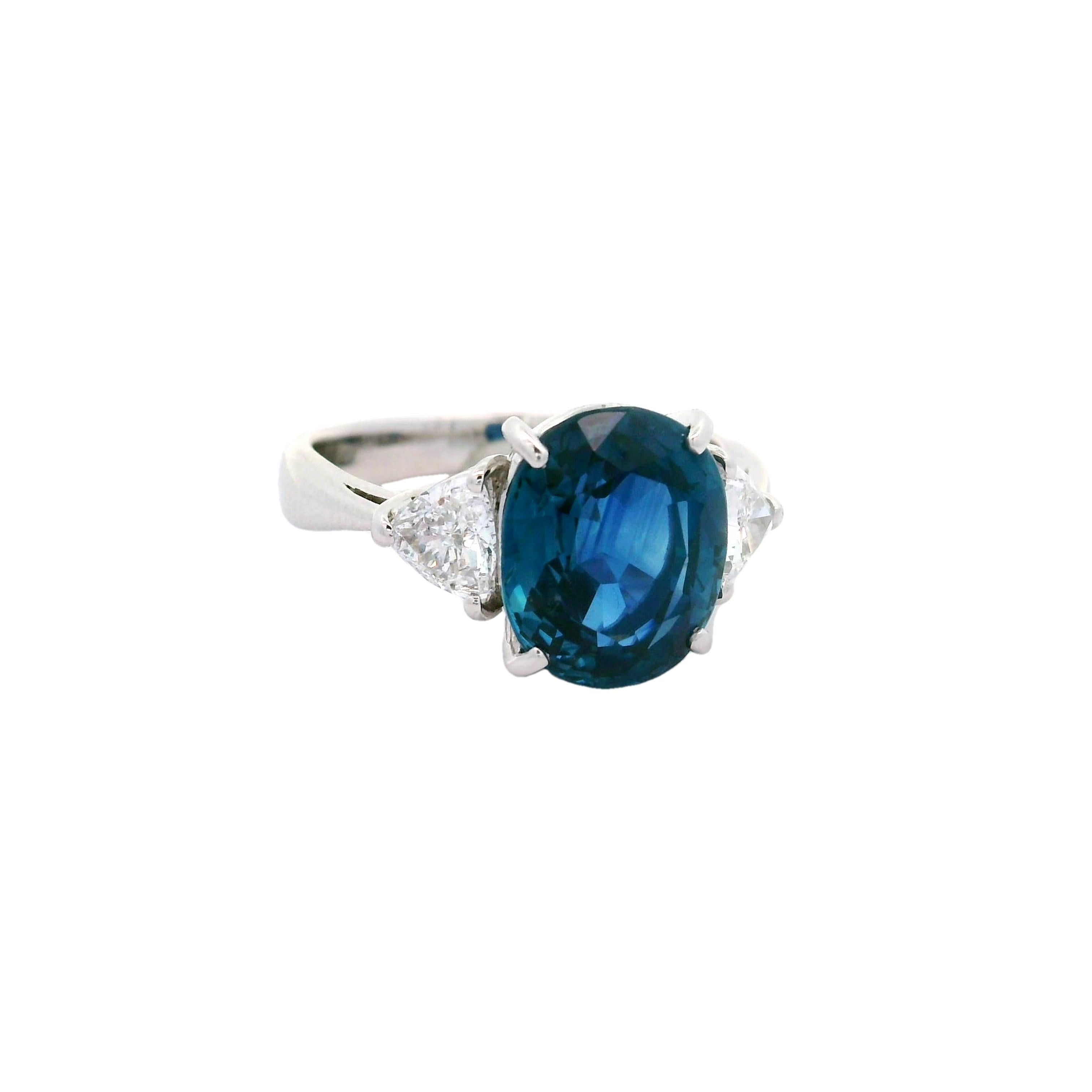 4.32 Carat Blue Sapphire Diamond Three-Stone Platinum Ring