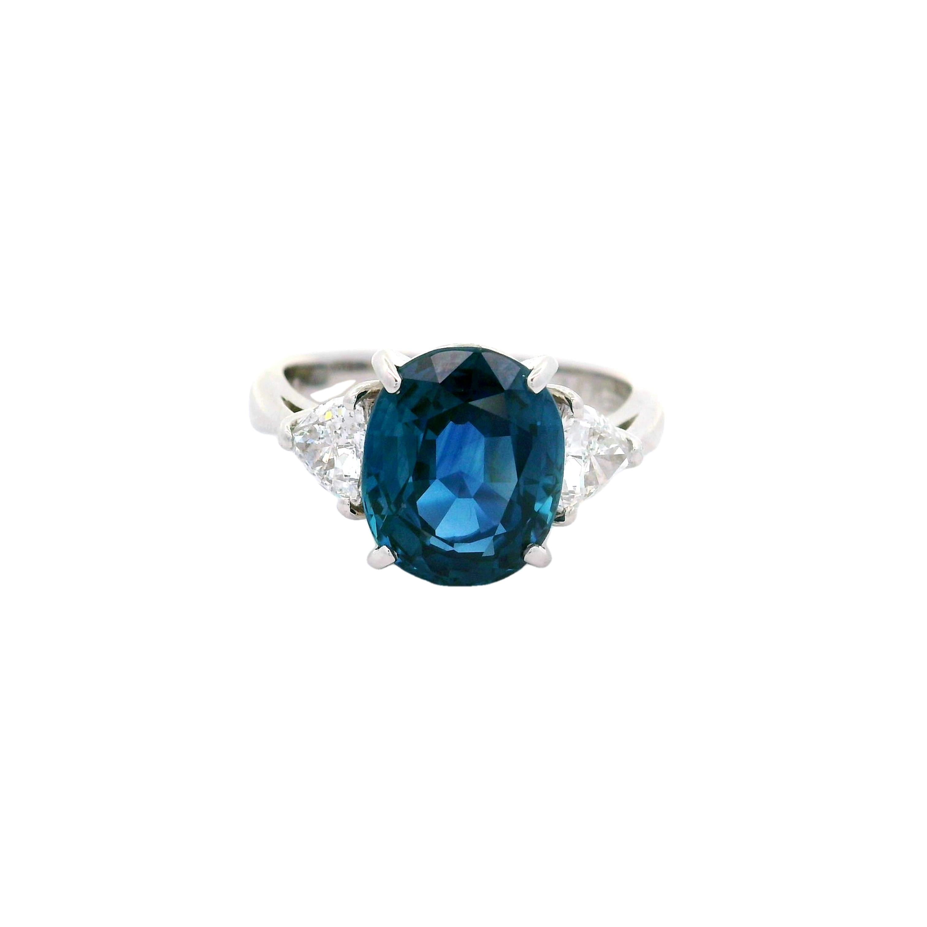 4.32 Carat Blue Sapphire Diamond Three-Stone Platinum Ring