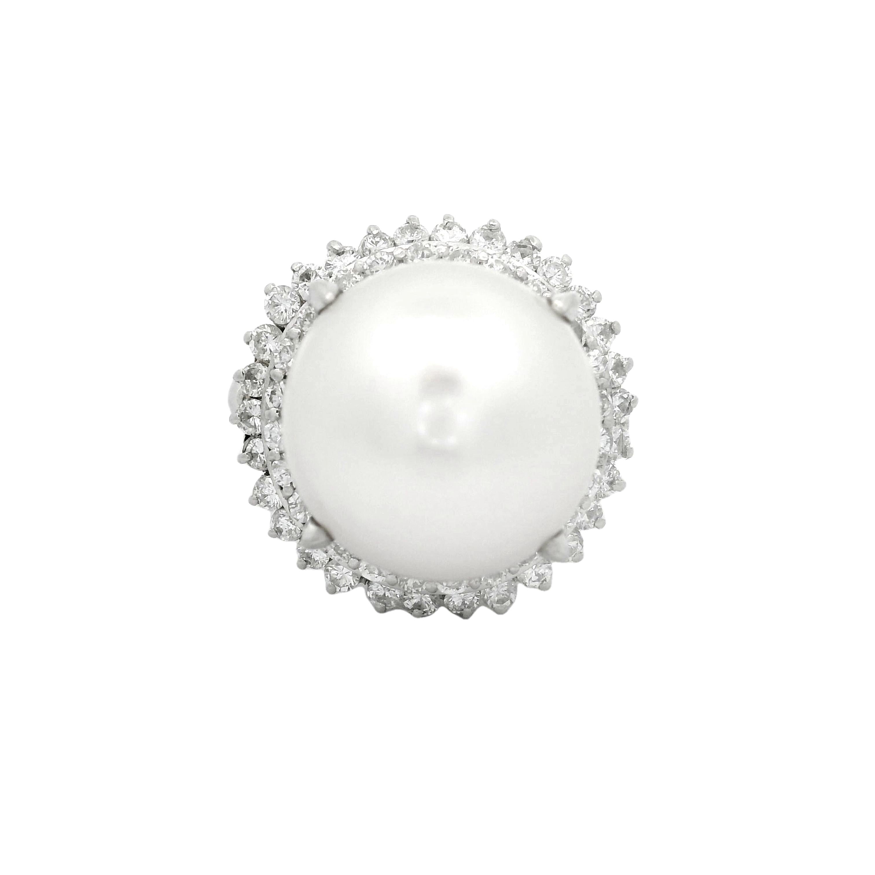 14mm South Sea White Pearl Diamond Double Halo Platinum Ring