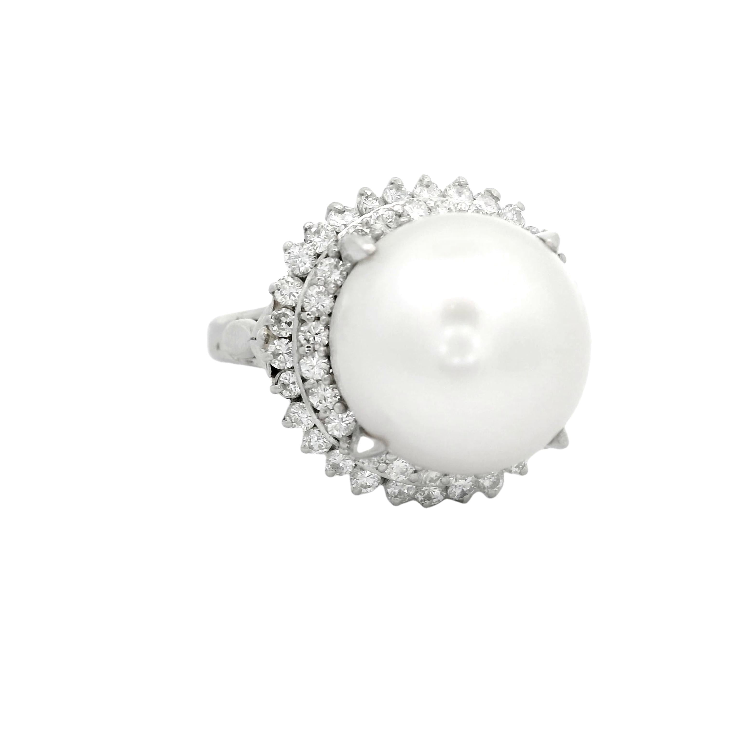 14mm South Sea White Pearl Diamond Double Halo Platinum Ring