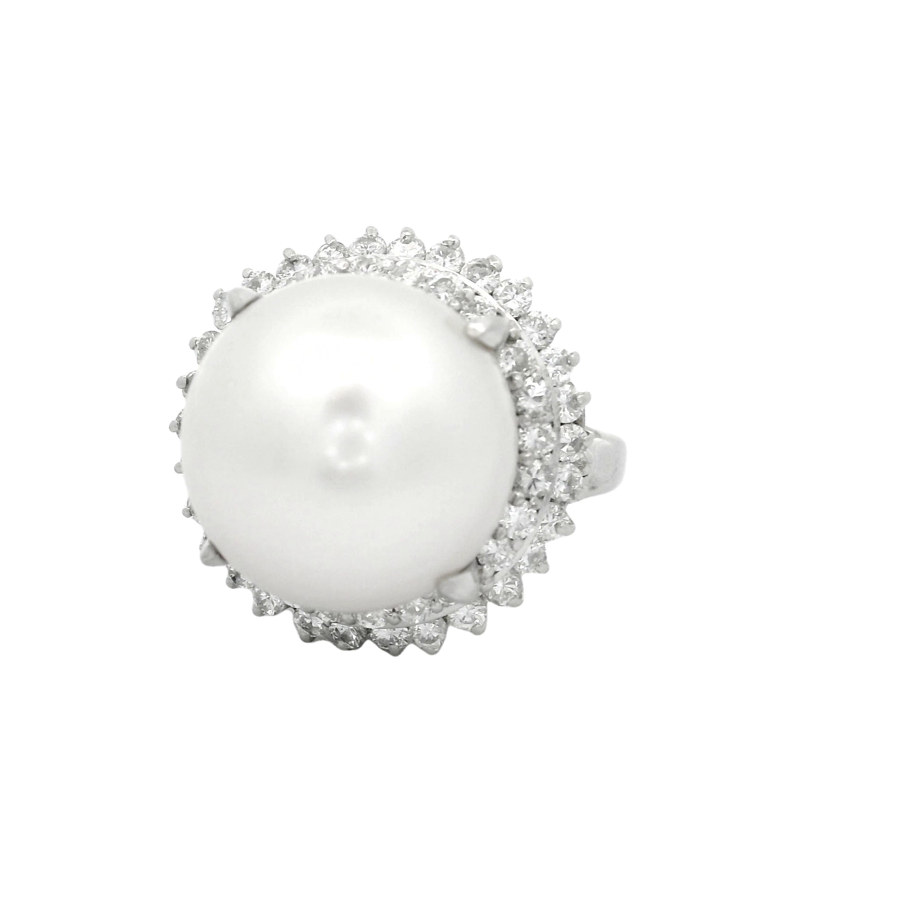 14mm South Sea White Pearl Diamond Double Halo Platinum Ring