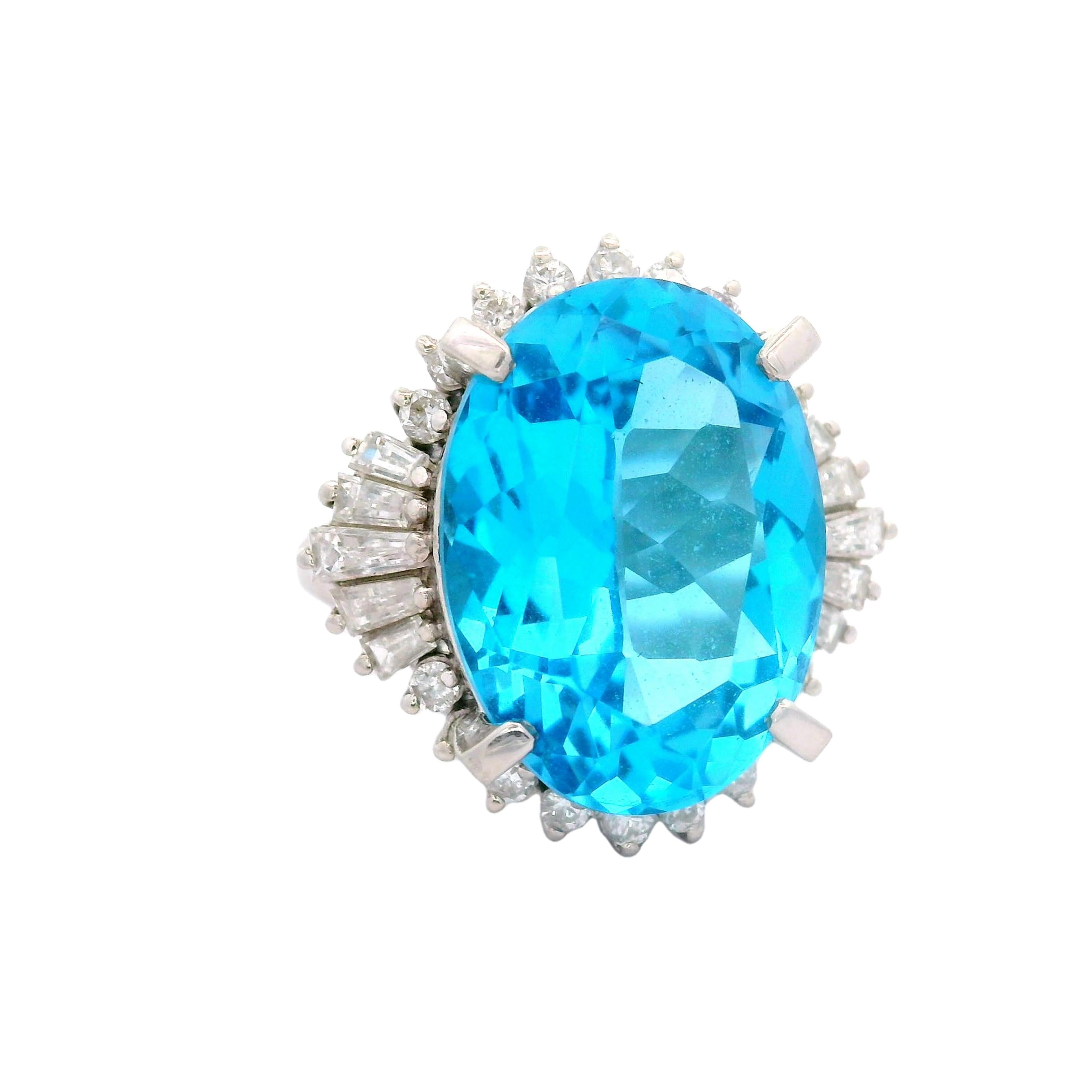 14.16 Carat Blue Topaz Diamond Platinum Ring