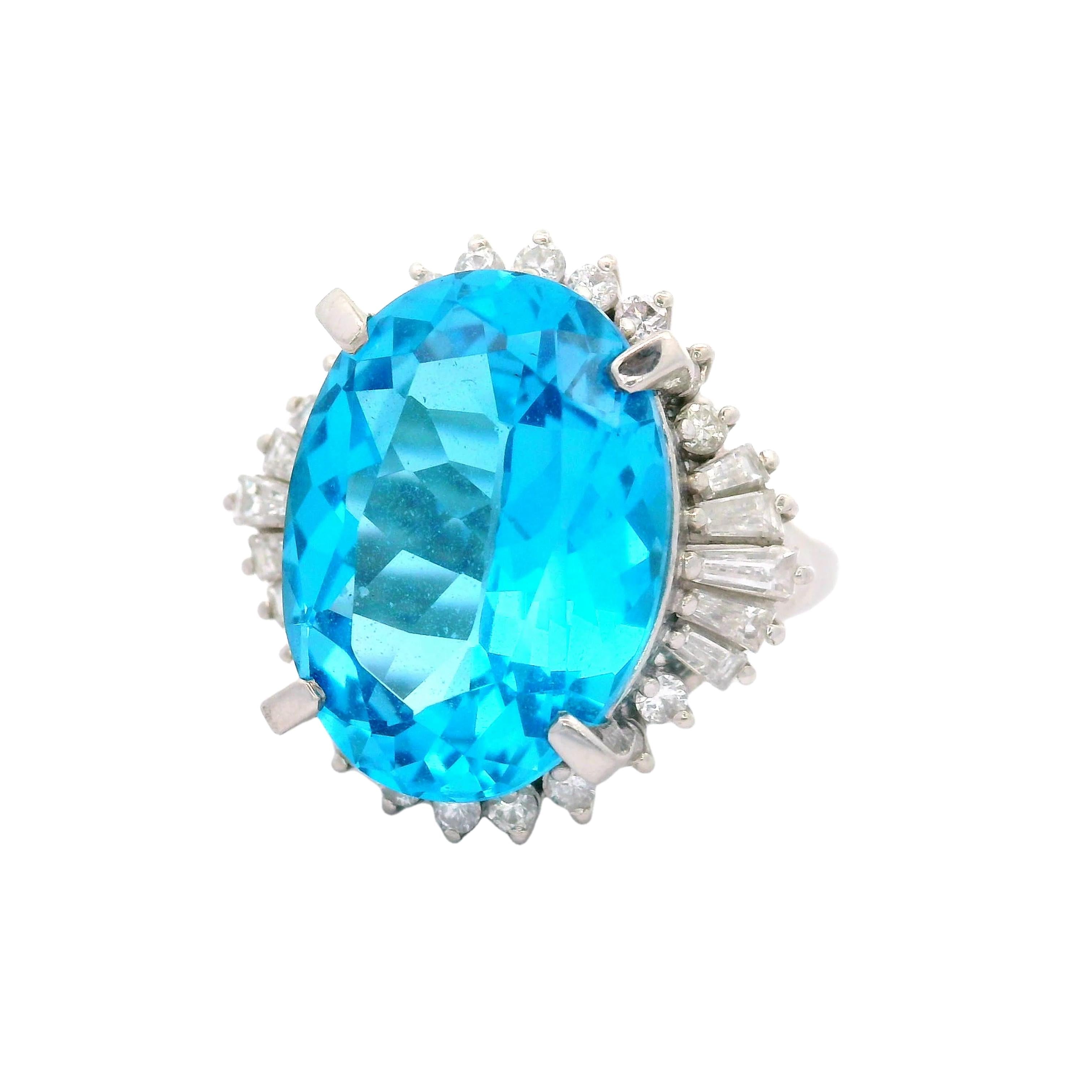 14.16 Carat Blue Topaz Diamond Platinum Ring