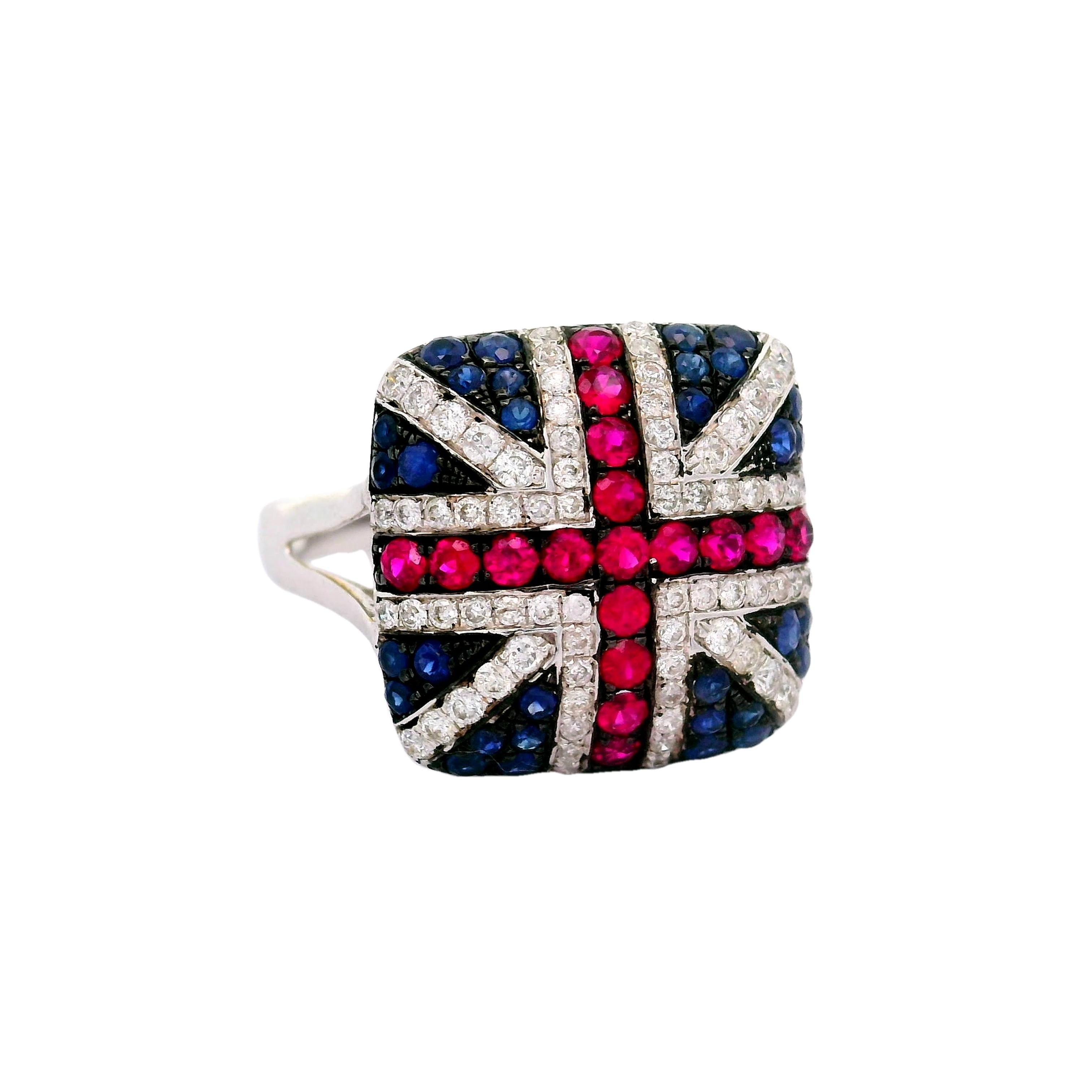 Ruby Sapphire Diamond 18k White Gold “United Kingdom Flag” Ring