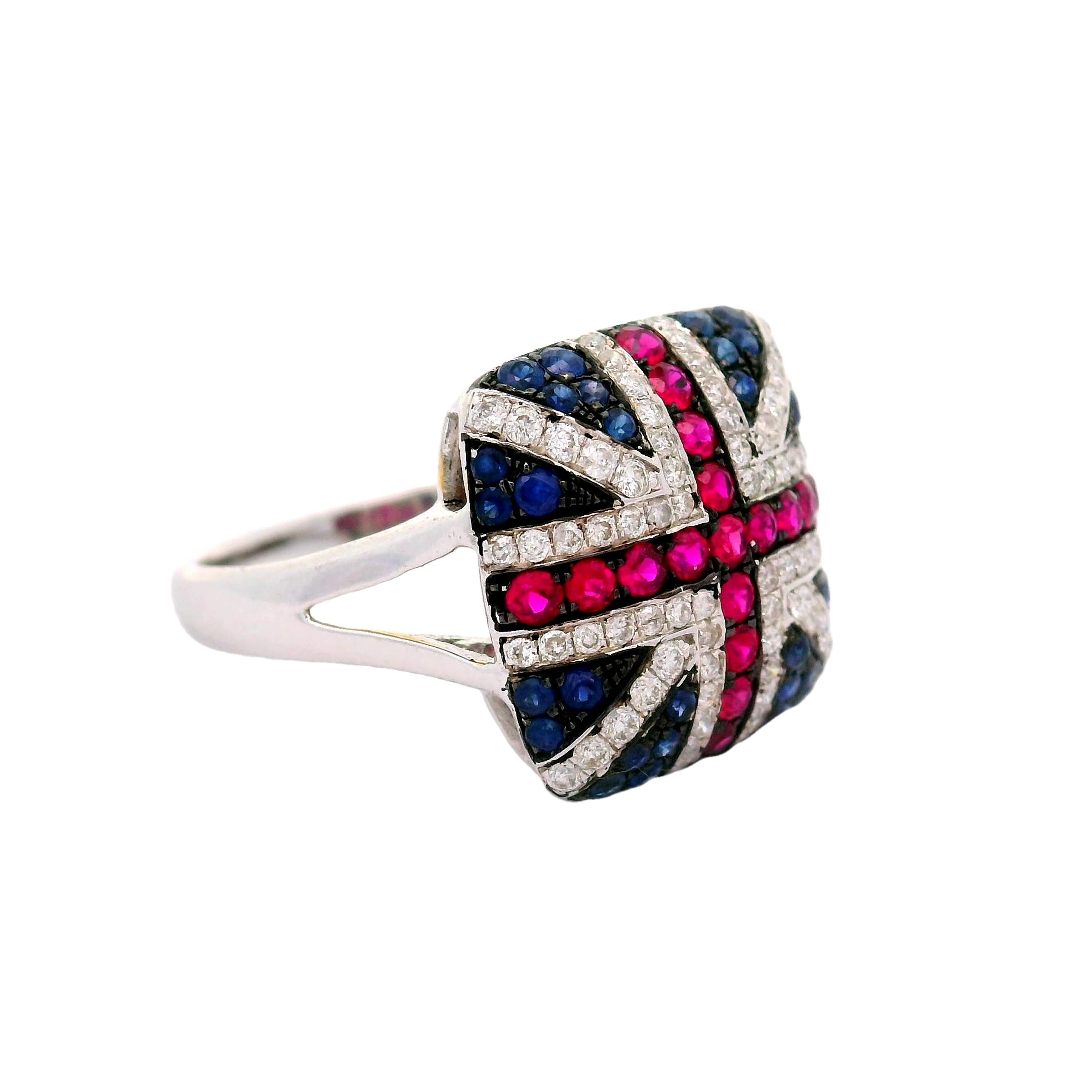 Ruby Sapphire Diamond 18k White Gold “United Kingdom Flag” Ring