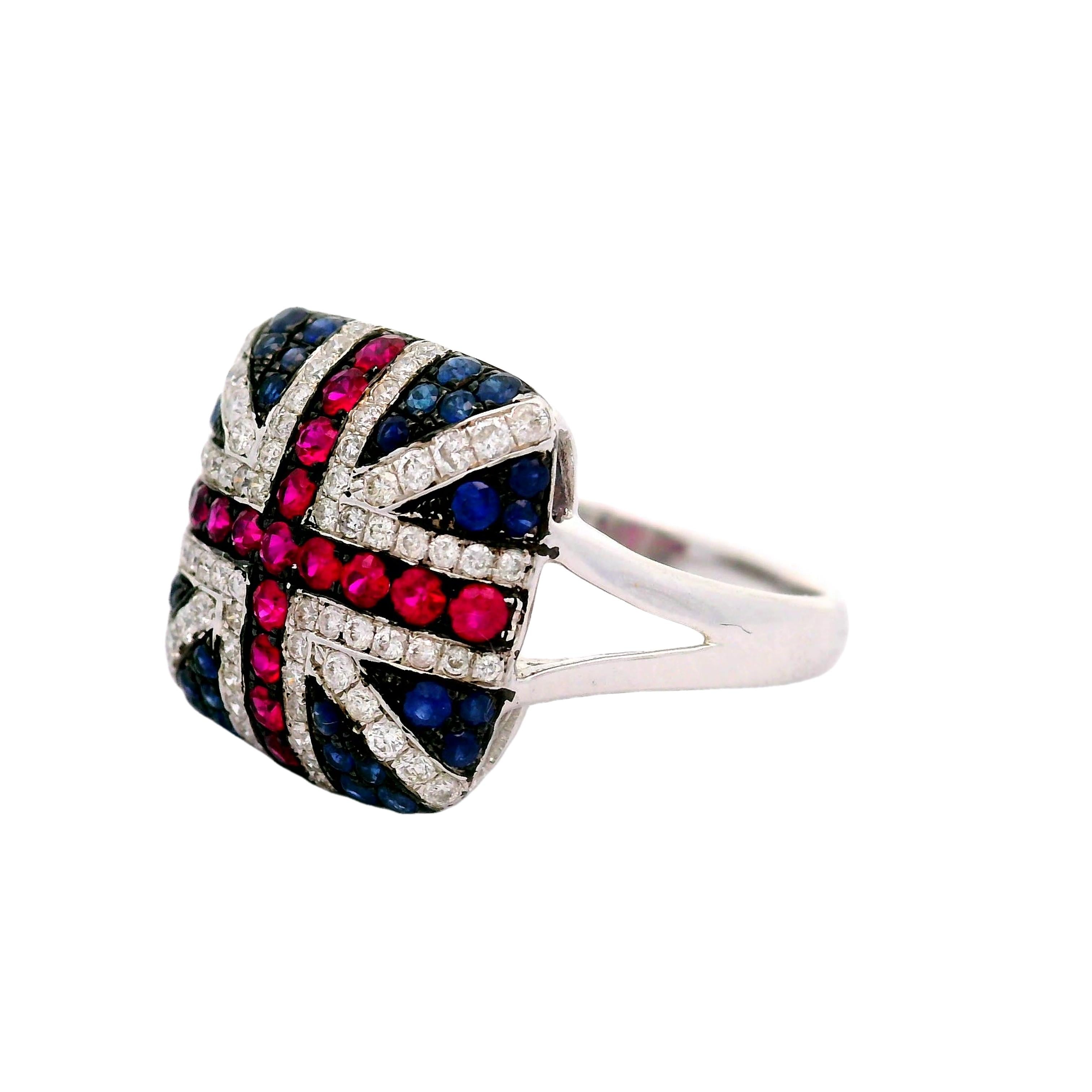Ruby Sapphire Diamond 18k White Gold “United Kingdom Flag” Ring