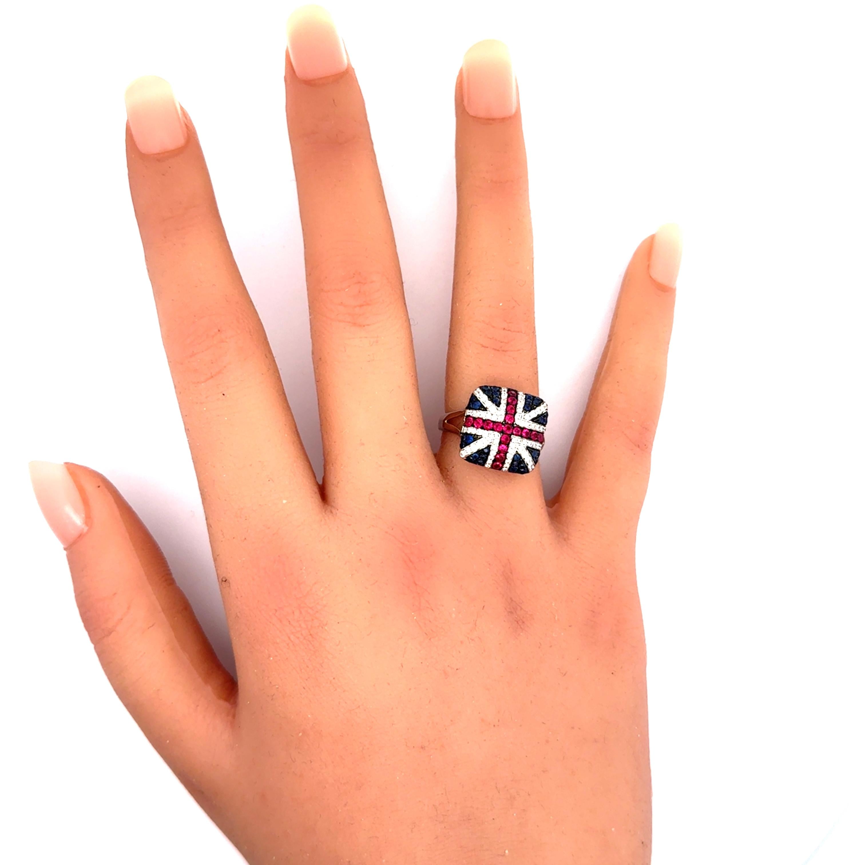 Ruby Sapphire Diamond 18k White Gold “United Kingdom Flag” Ring