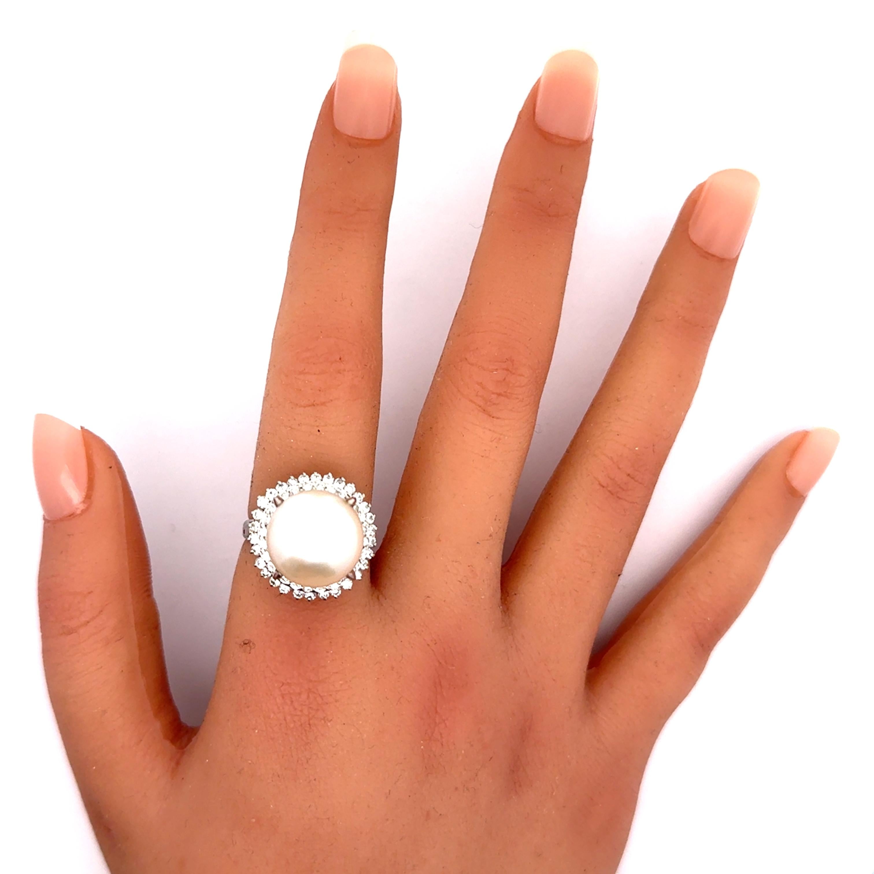 14mm South Sea White Pearl Diamond Double Halo Platinum Ring