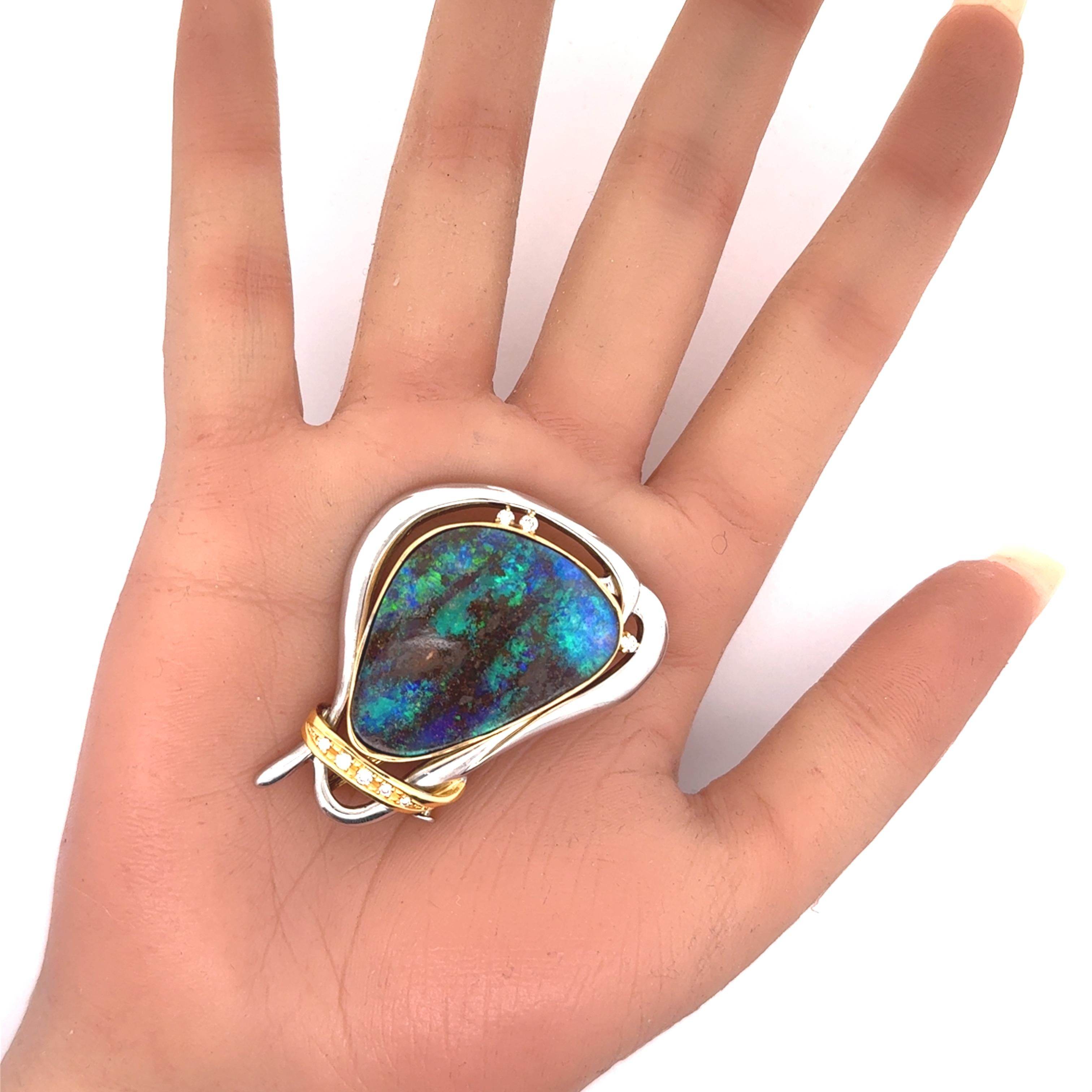 32.41 Carat Australian Boulder Opal Diamond 18K Yellow Gold & Platinum Brooch