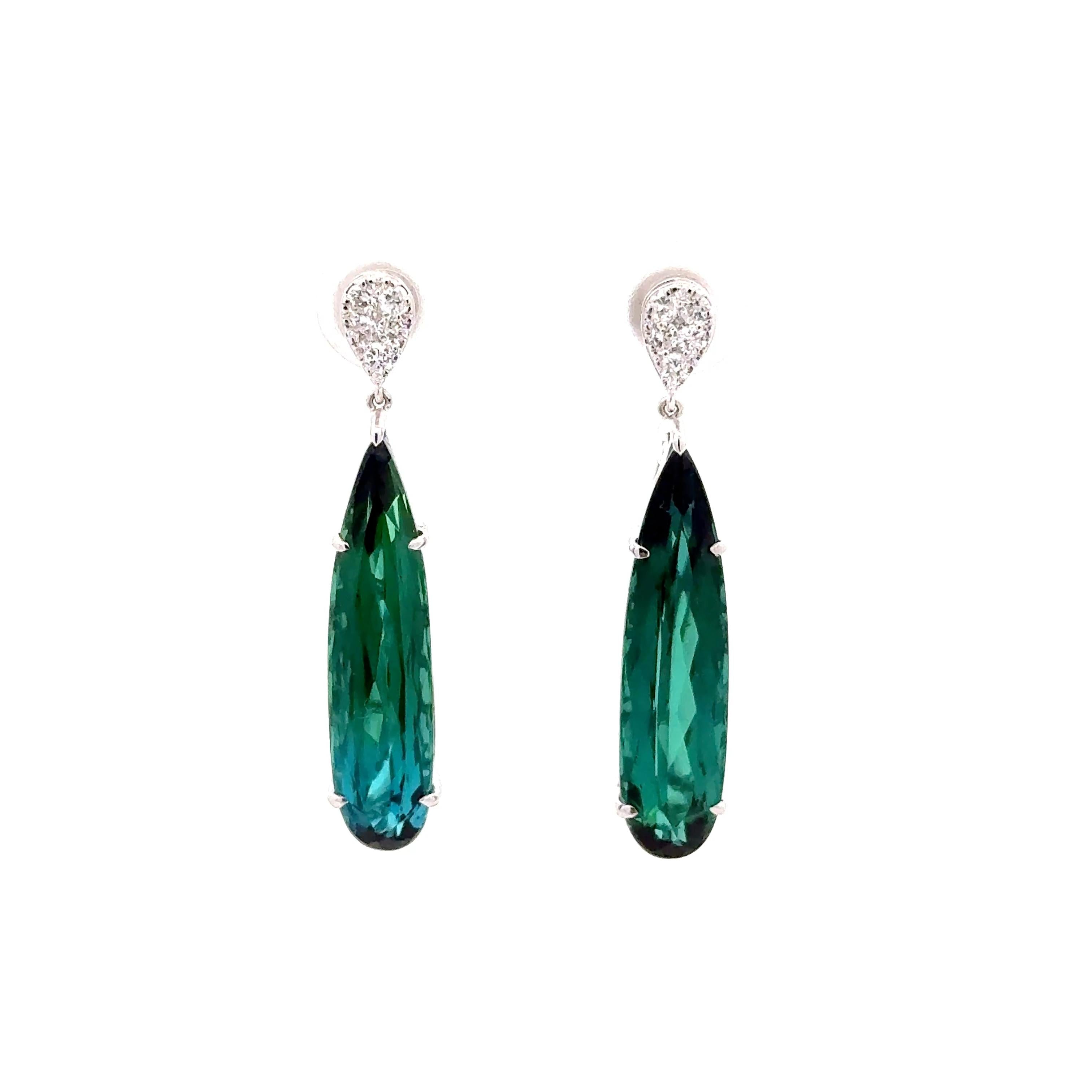 10.90 Carats Indicolite Tourmaline Diamond 14k White Gold Drop Dangle Earrings
