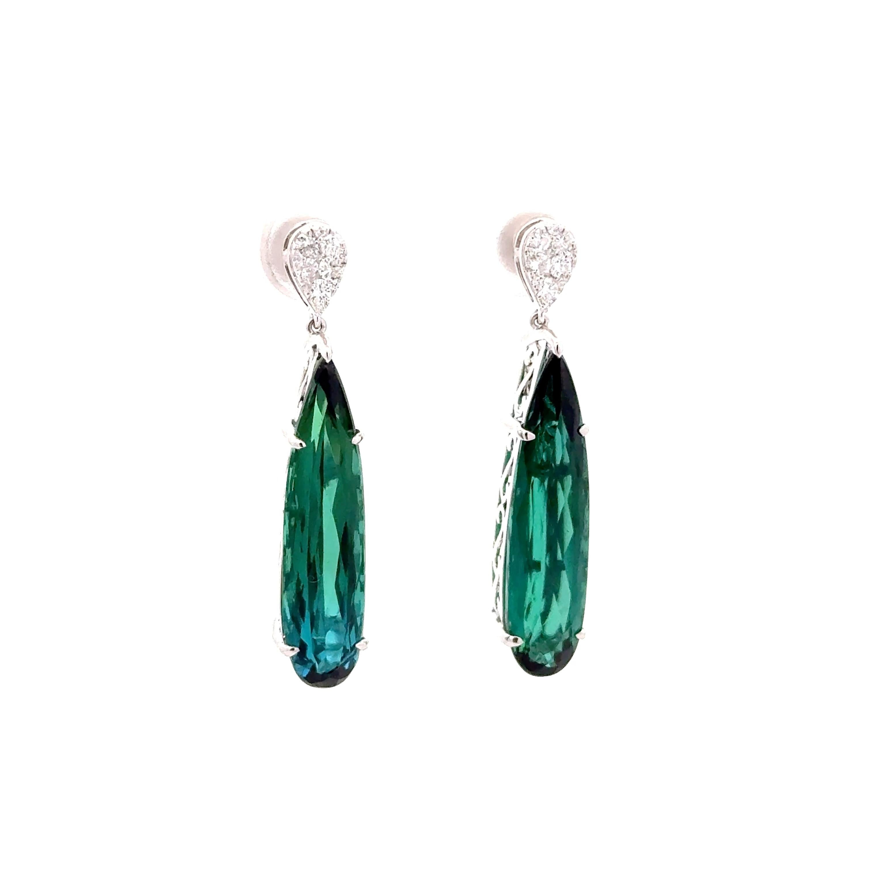 10.90 Carats Indicolite Tourmaline Diamond 14k White Gold Drop Dangle Earrings