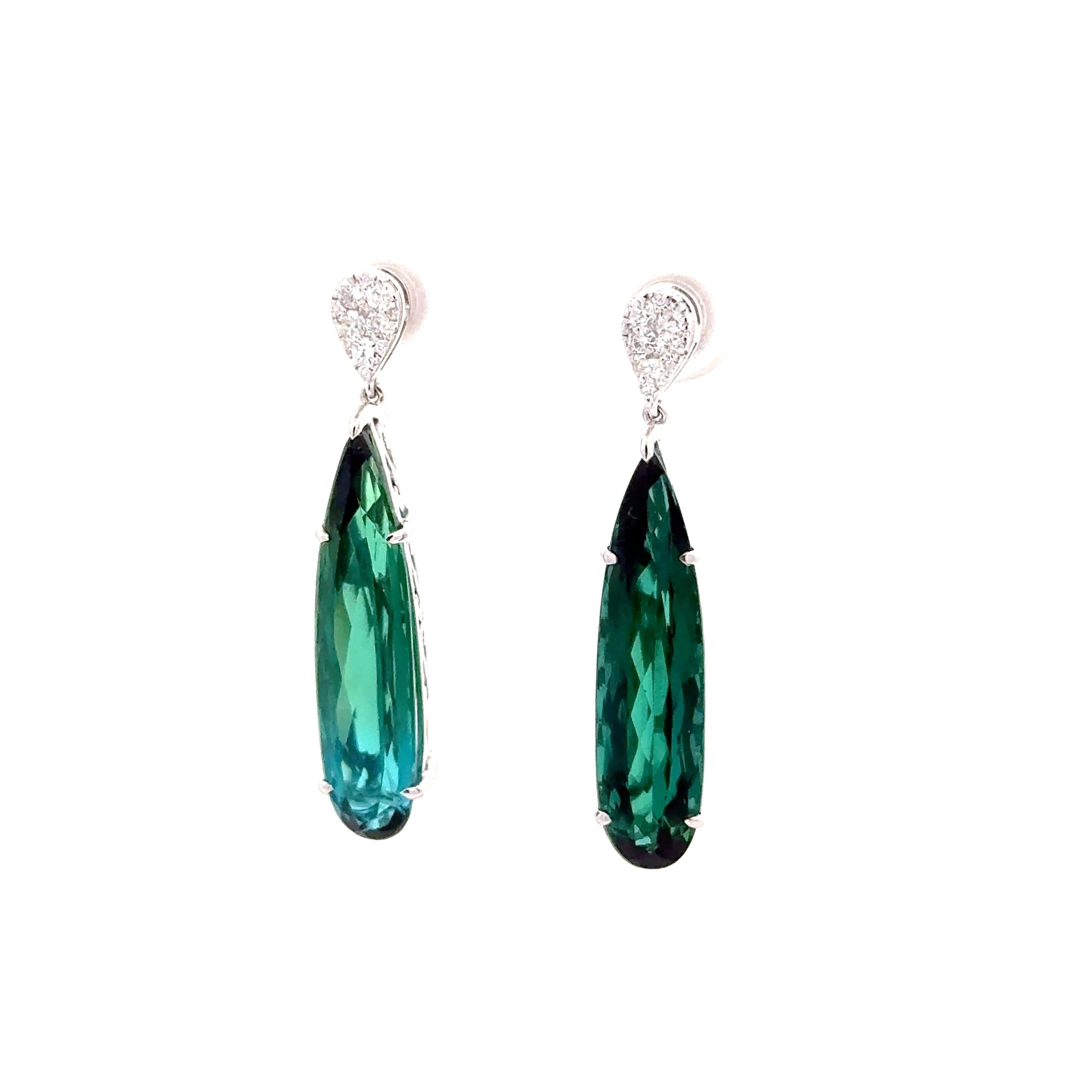 10.90 Carats Indicolite Tourmaline Diamond 14k White Gold Drop Dangle Earrings