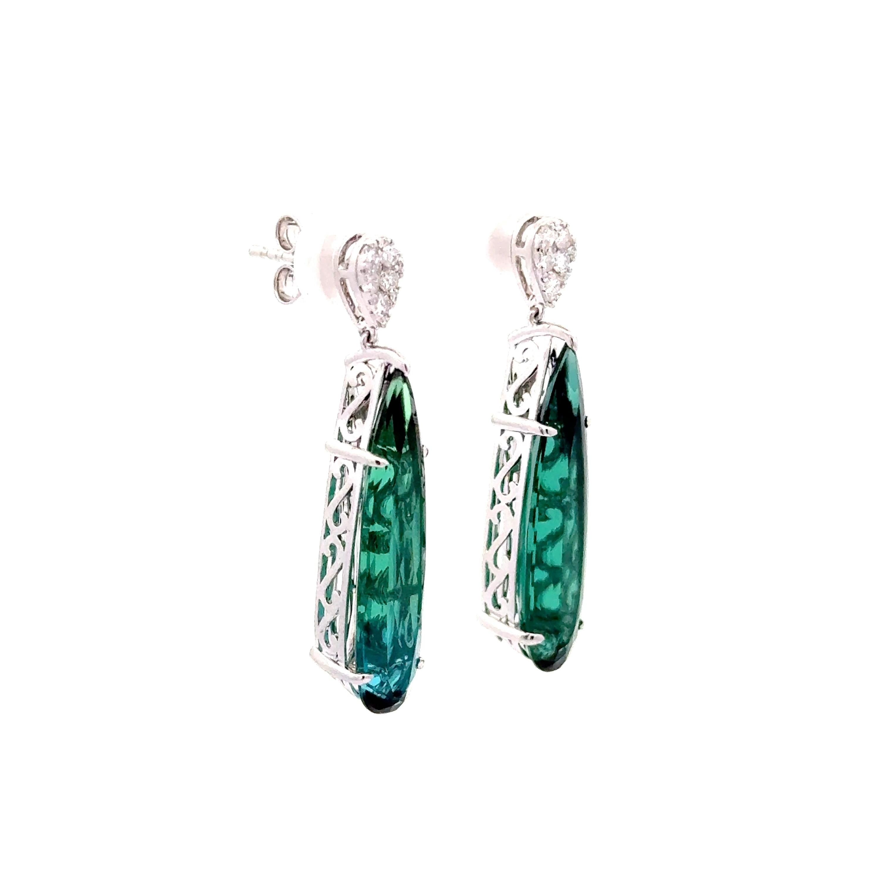 10.90 Carats Indicolite Tourmaline Diamond 14k White Gold Drop Dangle Earrings