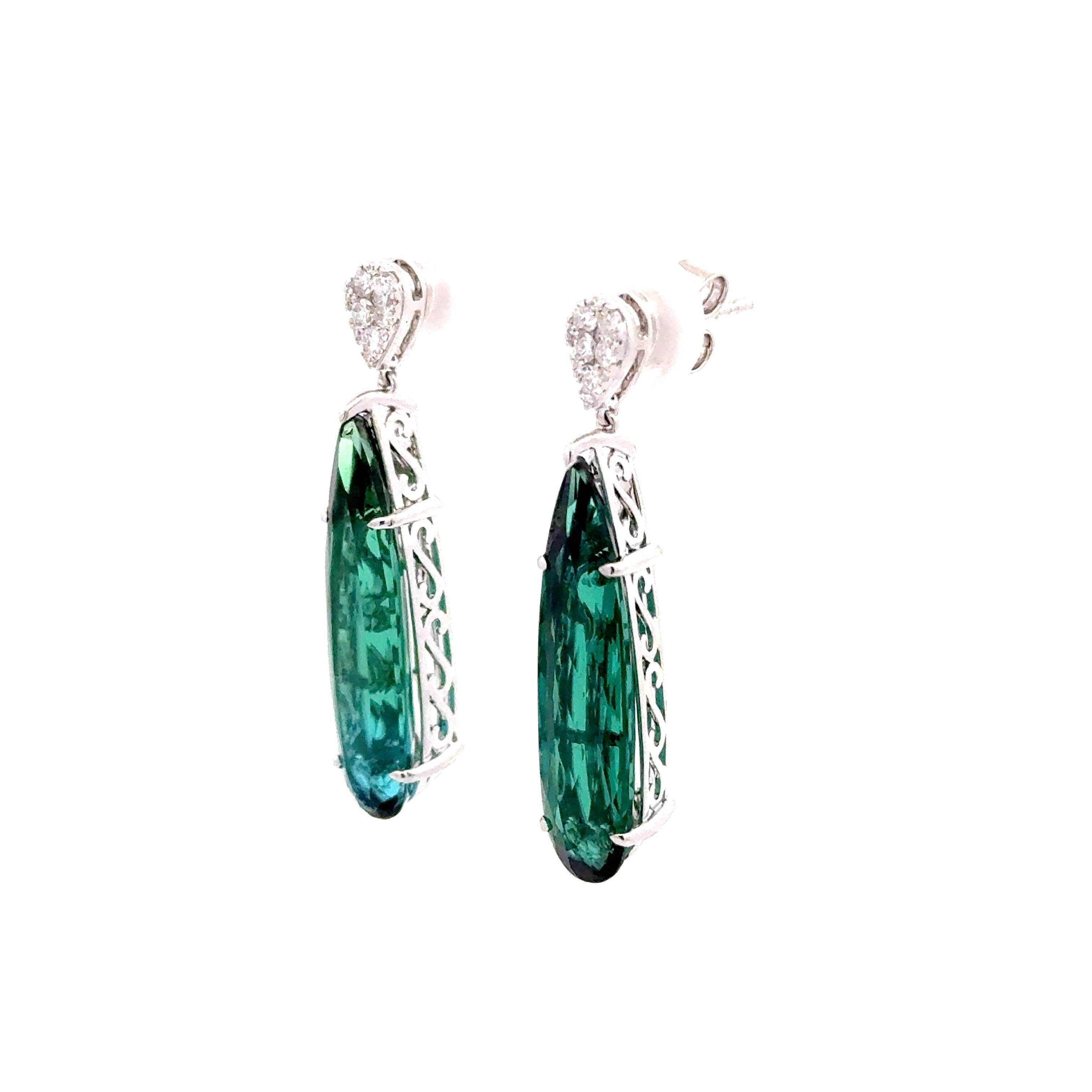 10.90 Carats Indicolite Tourmaline Diamond 14k White Gold Drop Dangle Earrings