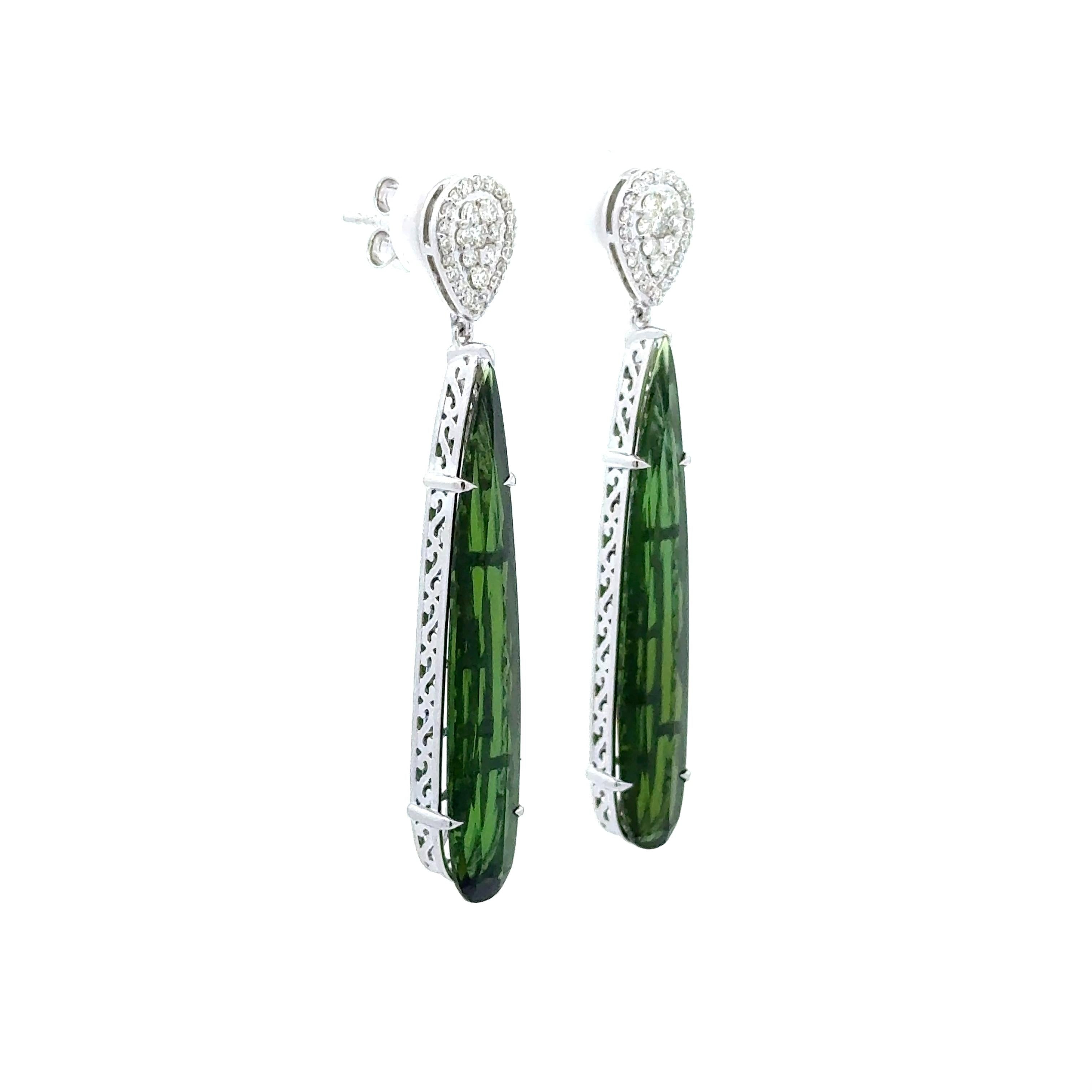 12.48 Carats Green Tourmaline Diamond 14k White Gold Drop Dangle Earrings