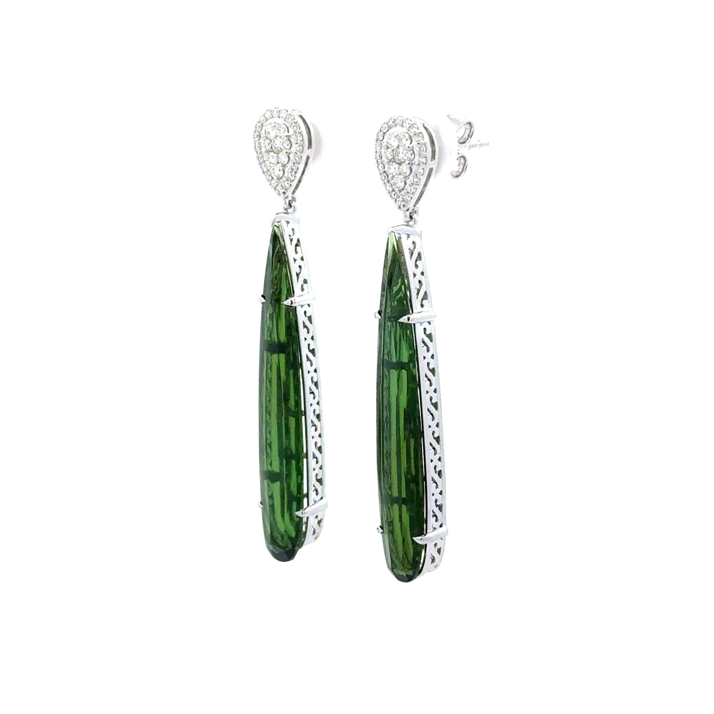 12.48 Carats Green Tourmaline Diamond 14k White Gold Drop Dangle Earrings