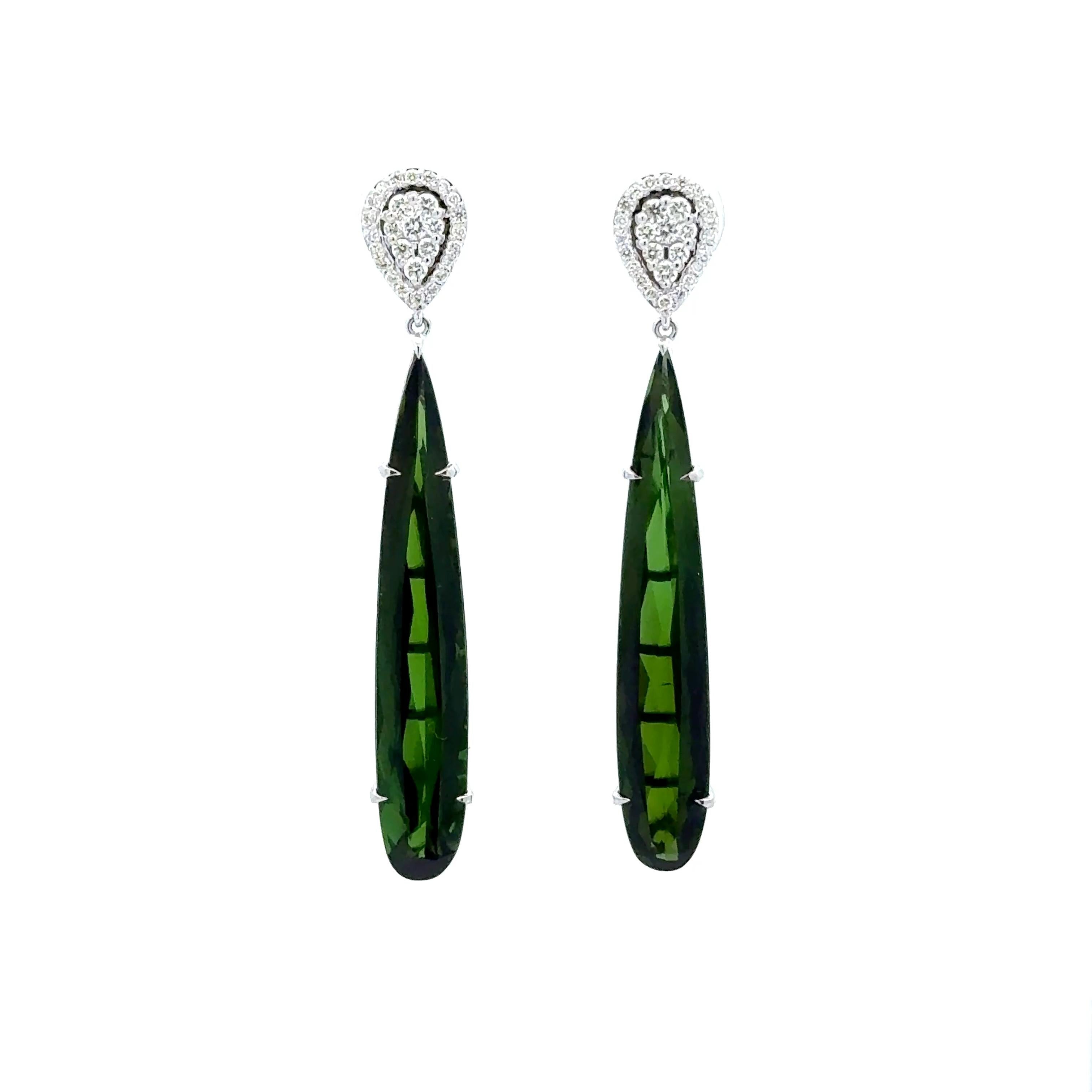 12.48 Carats Green Tourmaline Diamond 14k White Gold Drop Dangle Earrings