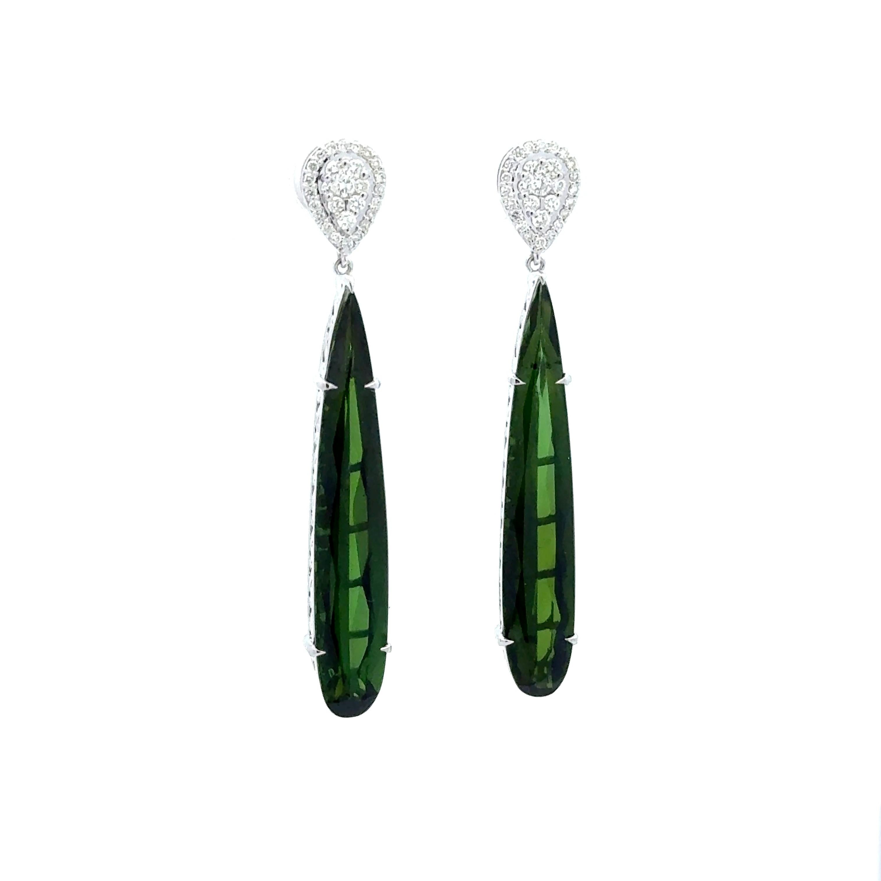 12.48 Carats Green Tourmaline Diamond 14k White Gold Drop Dangle Earrings