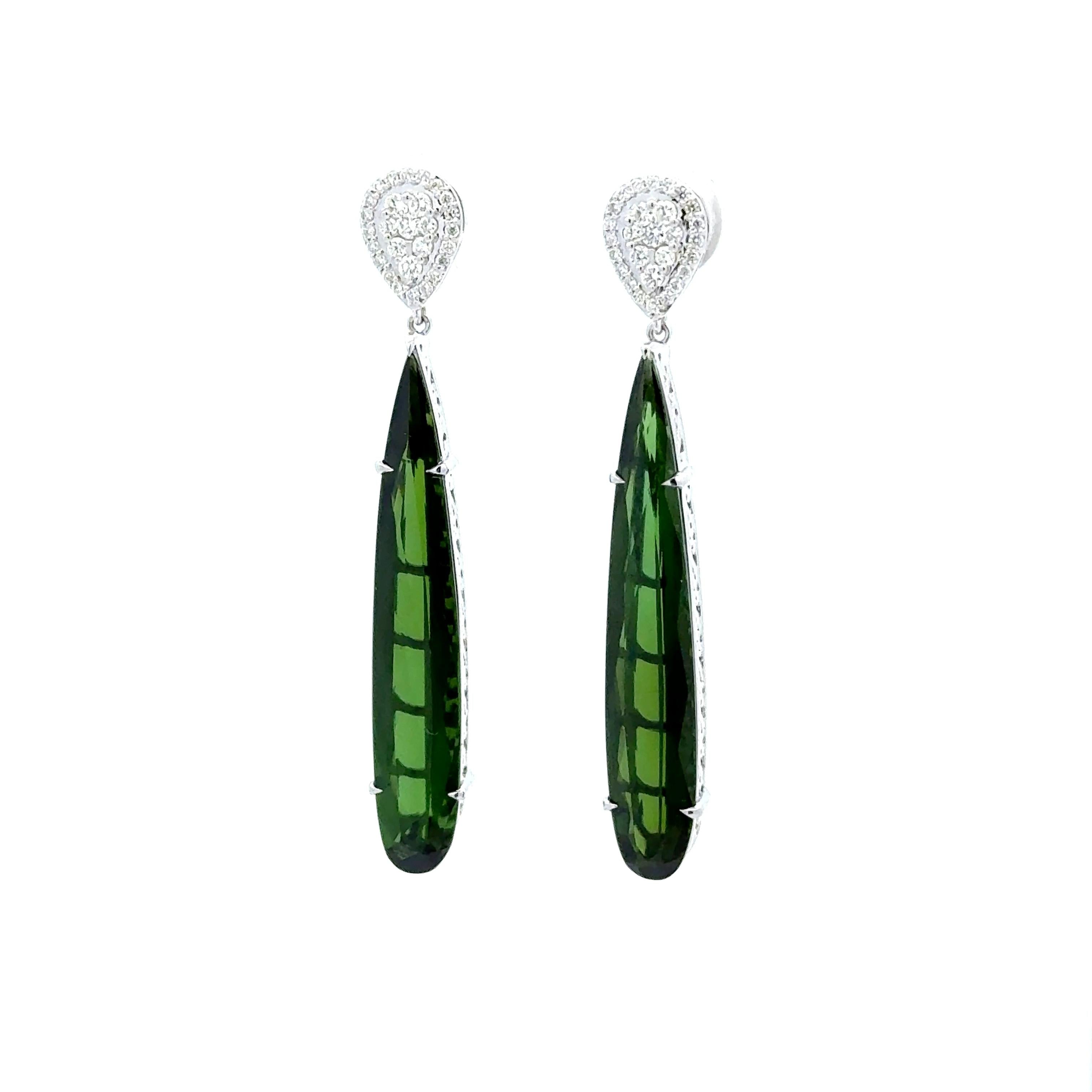 12.48 Carats Green Tourmaline Diamond 14k White Gold Drop Dangle Earrings