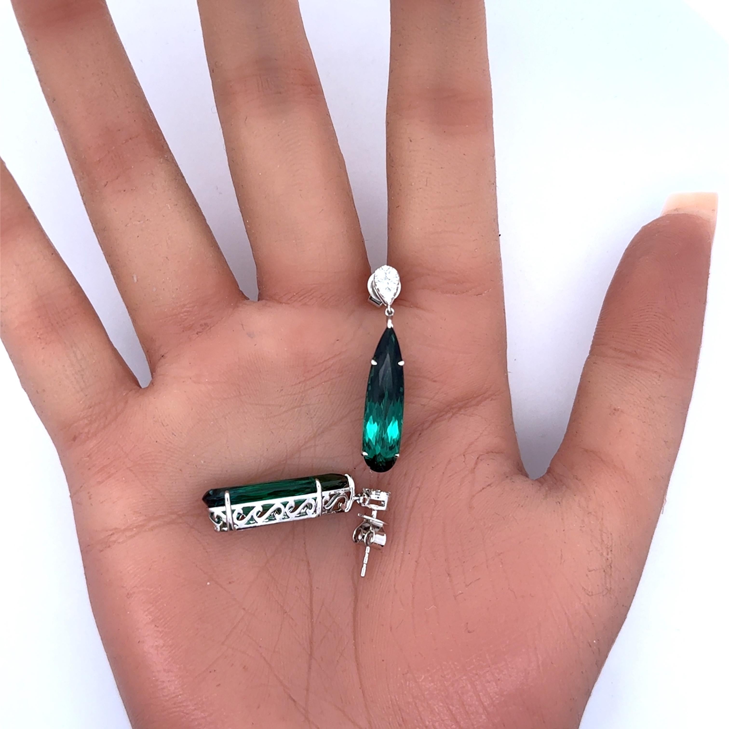 10.90 Carats Indicolite Tourmaline Diamond 14k White Gold Drop Dangle Earrings