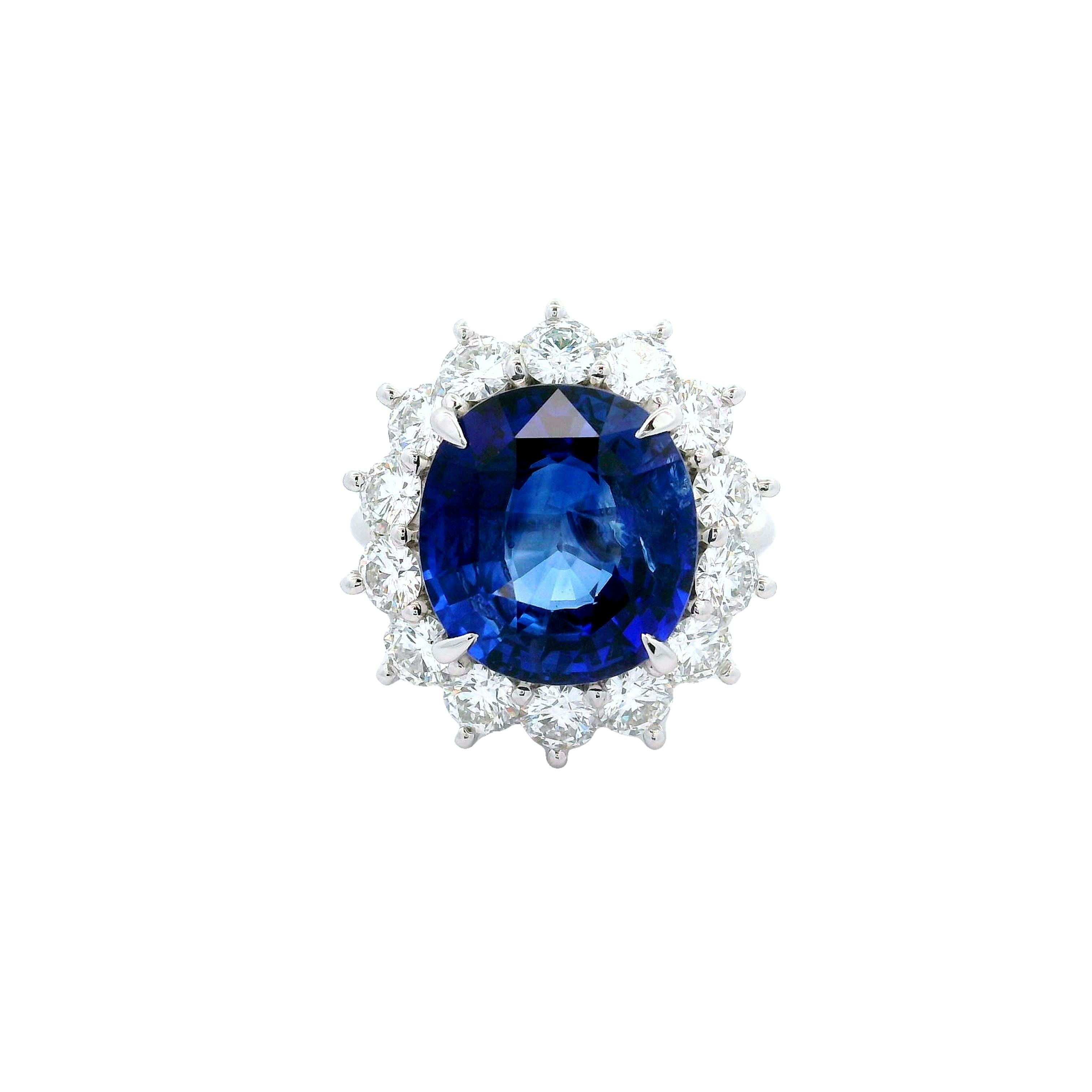 9.97 Carat Ceylon Sapphire Diamond Halo Platinum Ring, GIA Certified