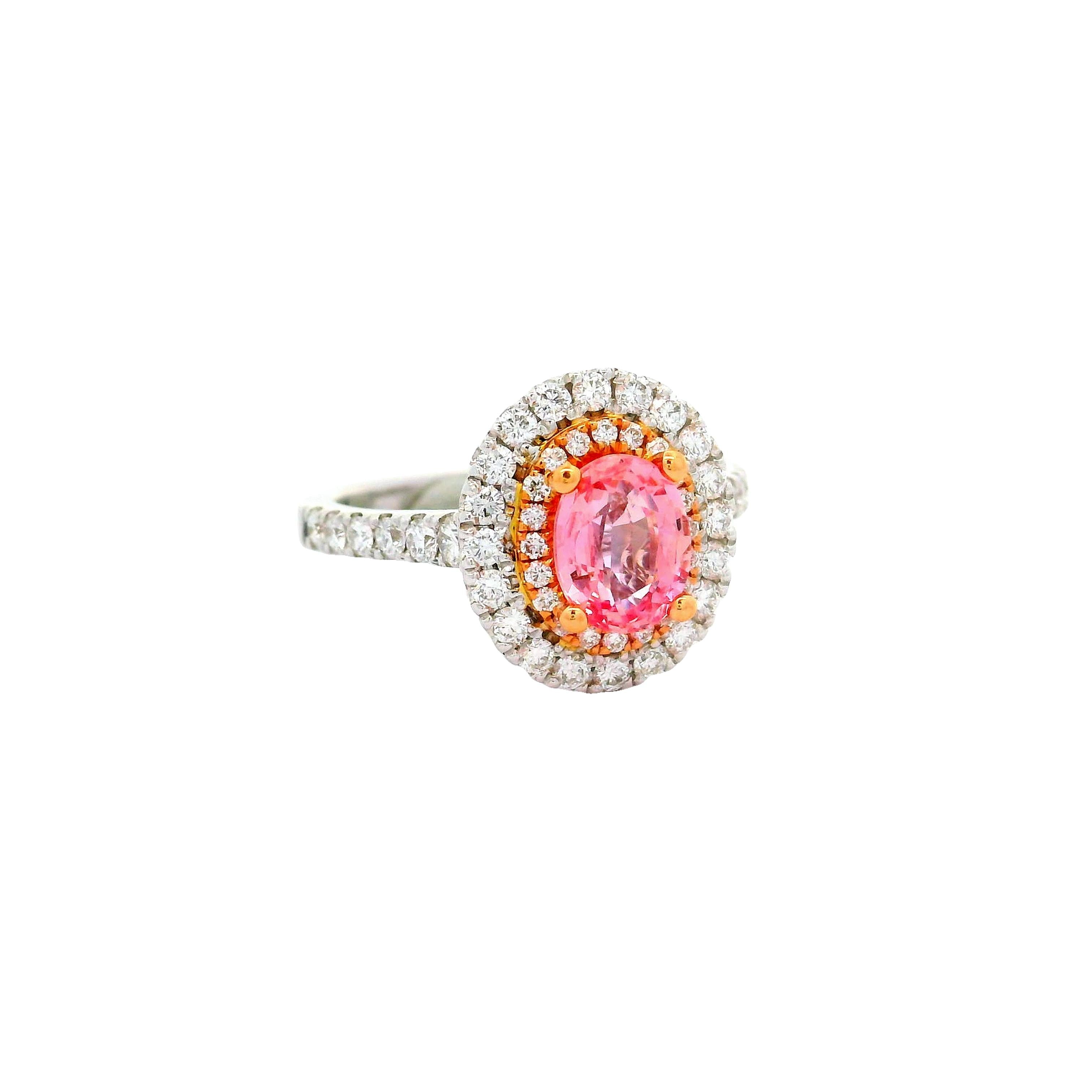 1.15 Carat Padparadscha Sapphire Diamond 18k White Gold Double Halo Ring, GIA