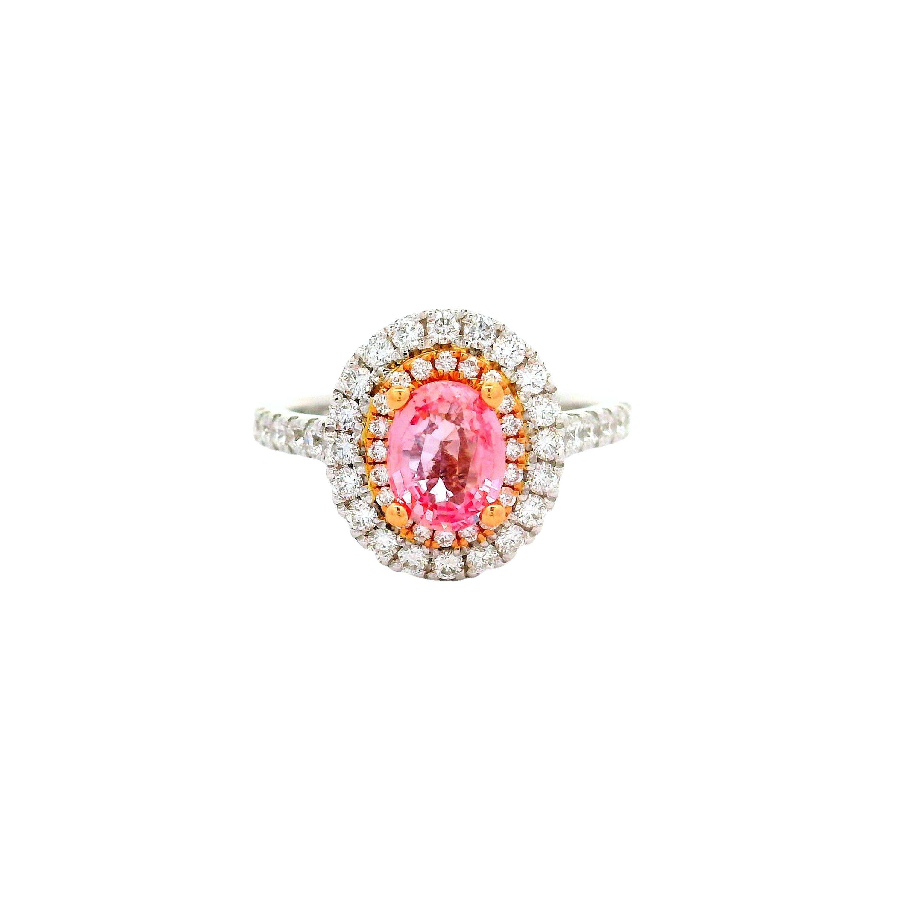 1.15 Carat Padparadscha Sapphire Diamond 18k White Gold Double Halo Ring, GIA