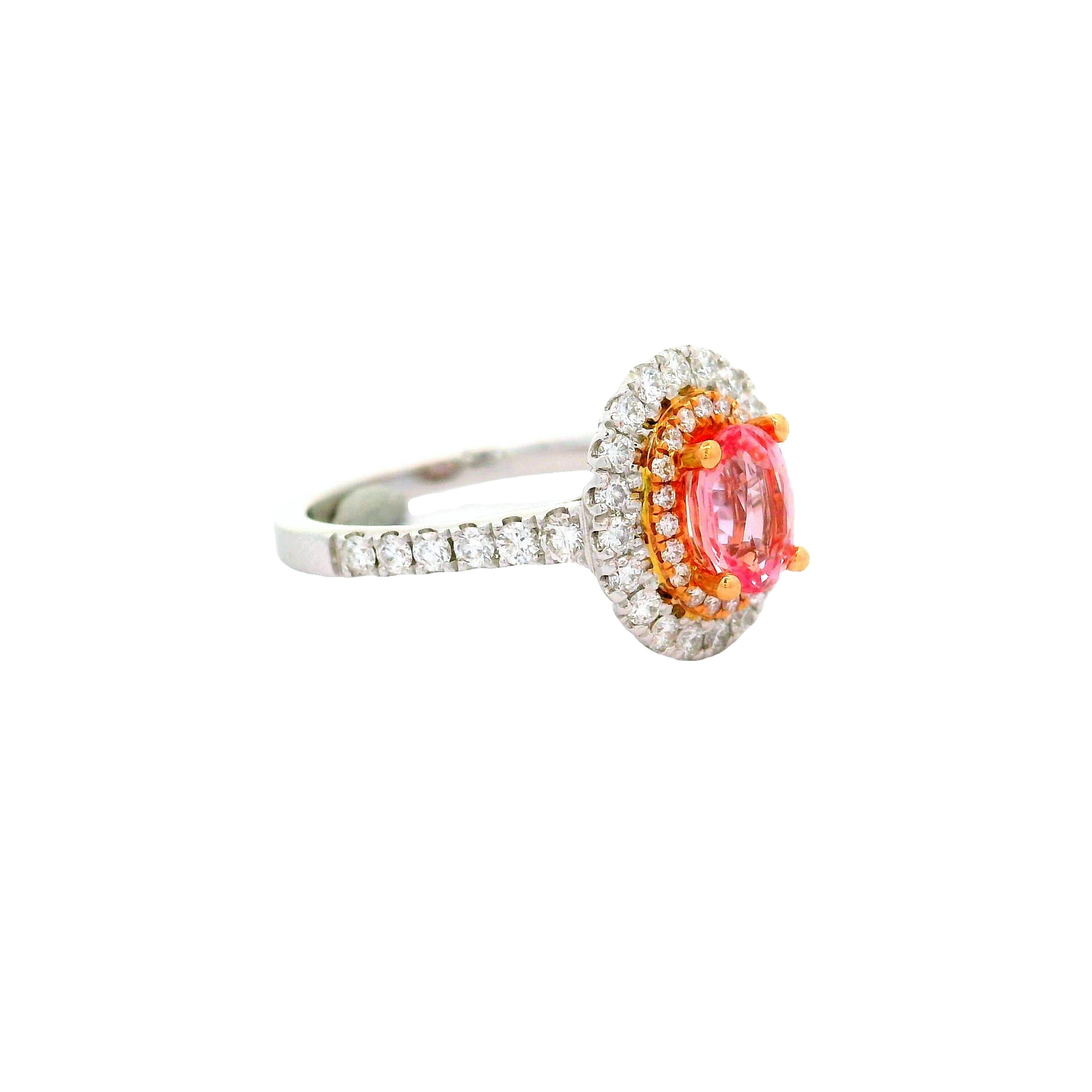 1.15 Carat Padparadscha Sapphire Diamond 18k White Gold Double Halo Ring, GIA