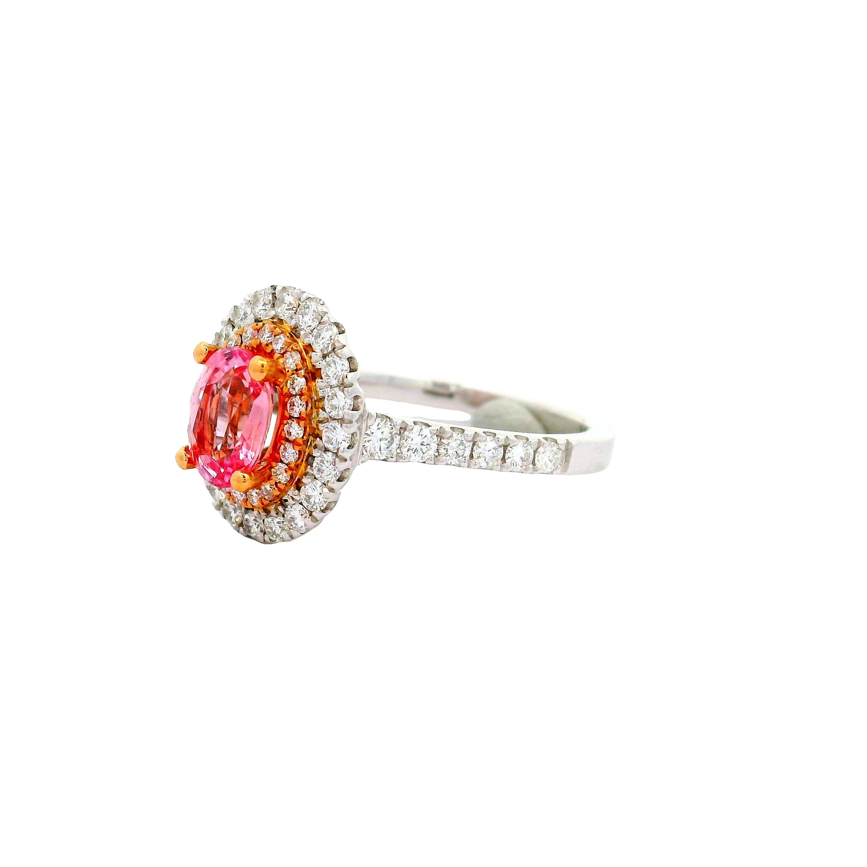 1.15 Carat Padparadscha Sapphire Diamond 18k White Gold Double Halo Ring, GIA