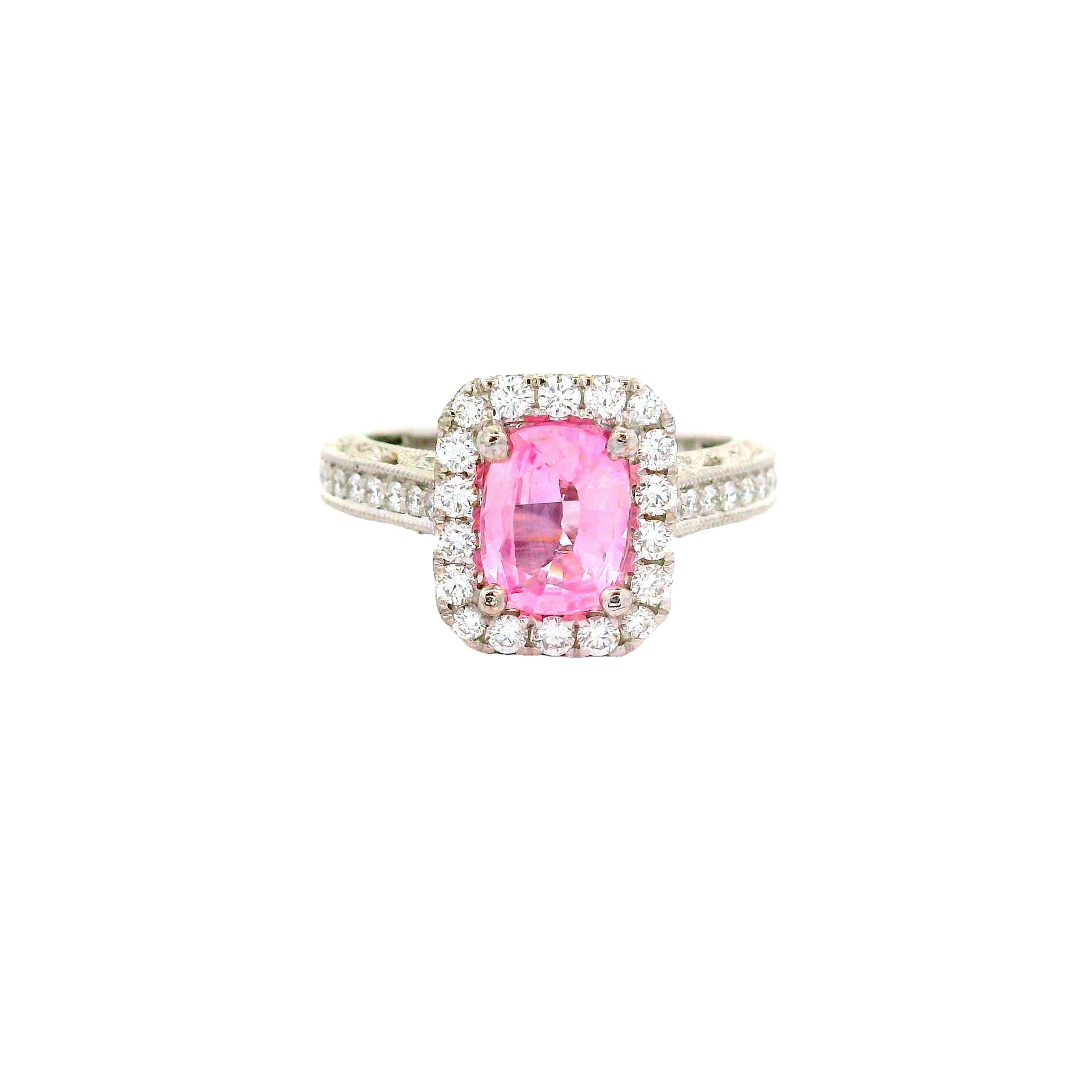 1.42 Carat No-Heat Padparadscha Sapphire Diamond 18k White Gold Halo Ring, GIA