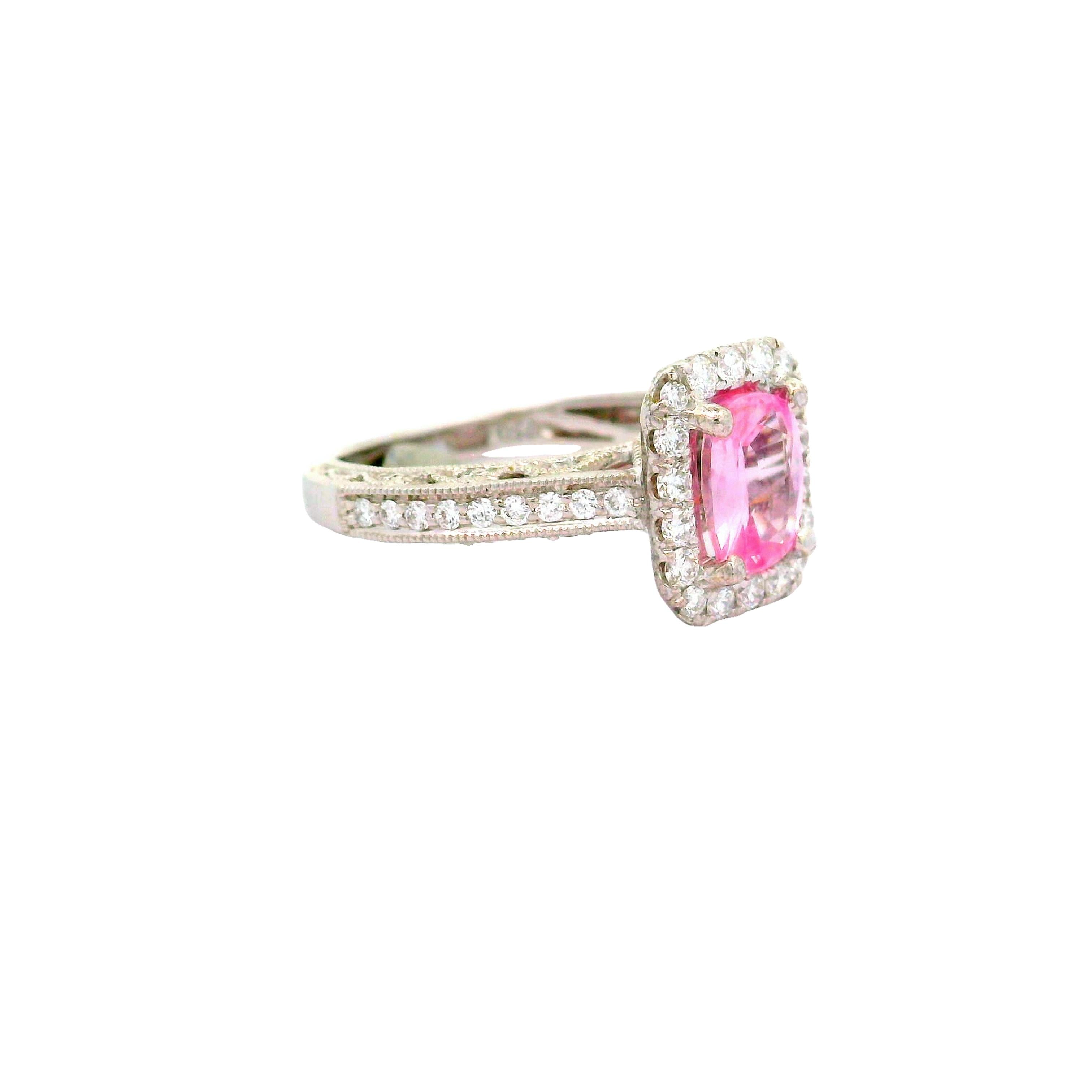 1.42 Carat No-Heat Padparadscha Sapphire Diamond 18k White Gold Halo Ring, GIA