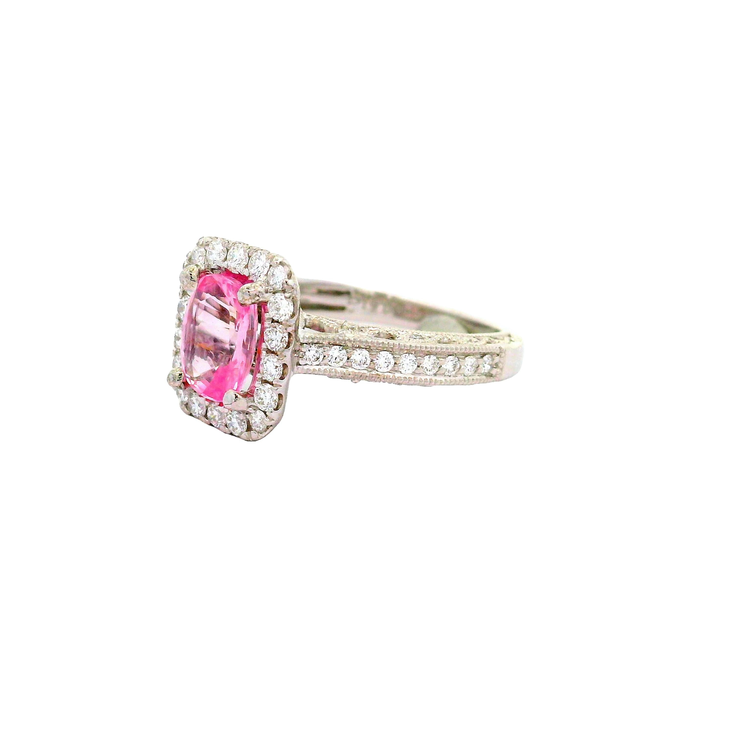 1.42 Carat No-Heat Padparadscha Sapphire Diamond 18k White Gold Halo Ring, GIA