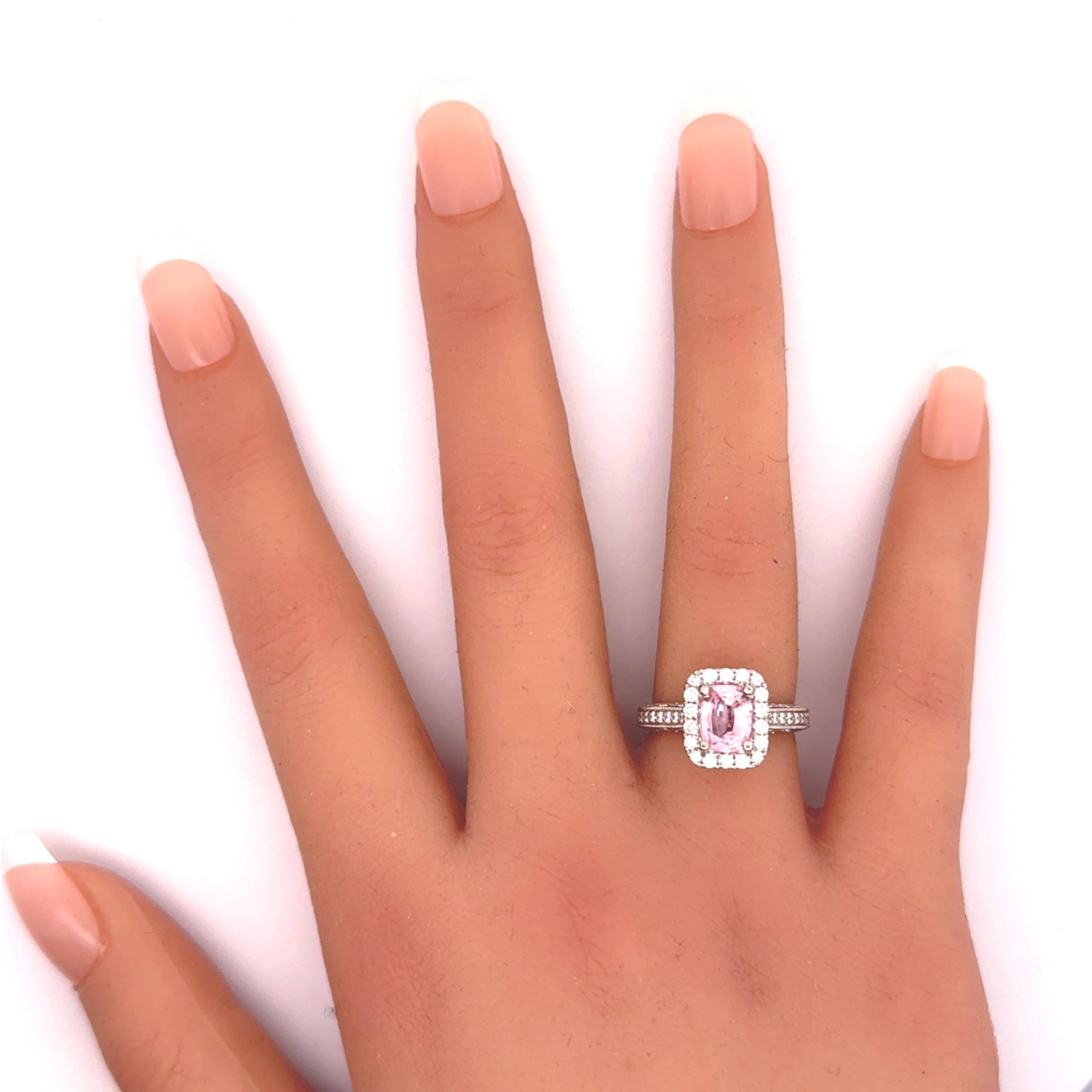 1.42 Carat No-Heat Padparadscha Sapphire Diamond 18k White Gold Halo Ring, GIA