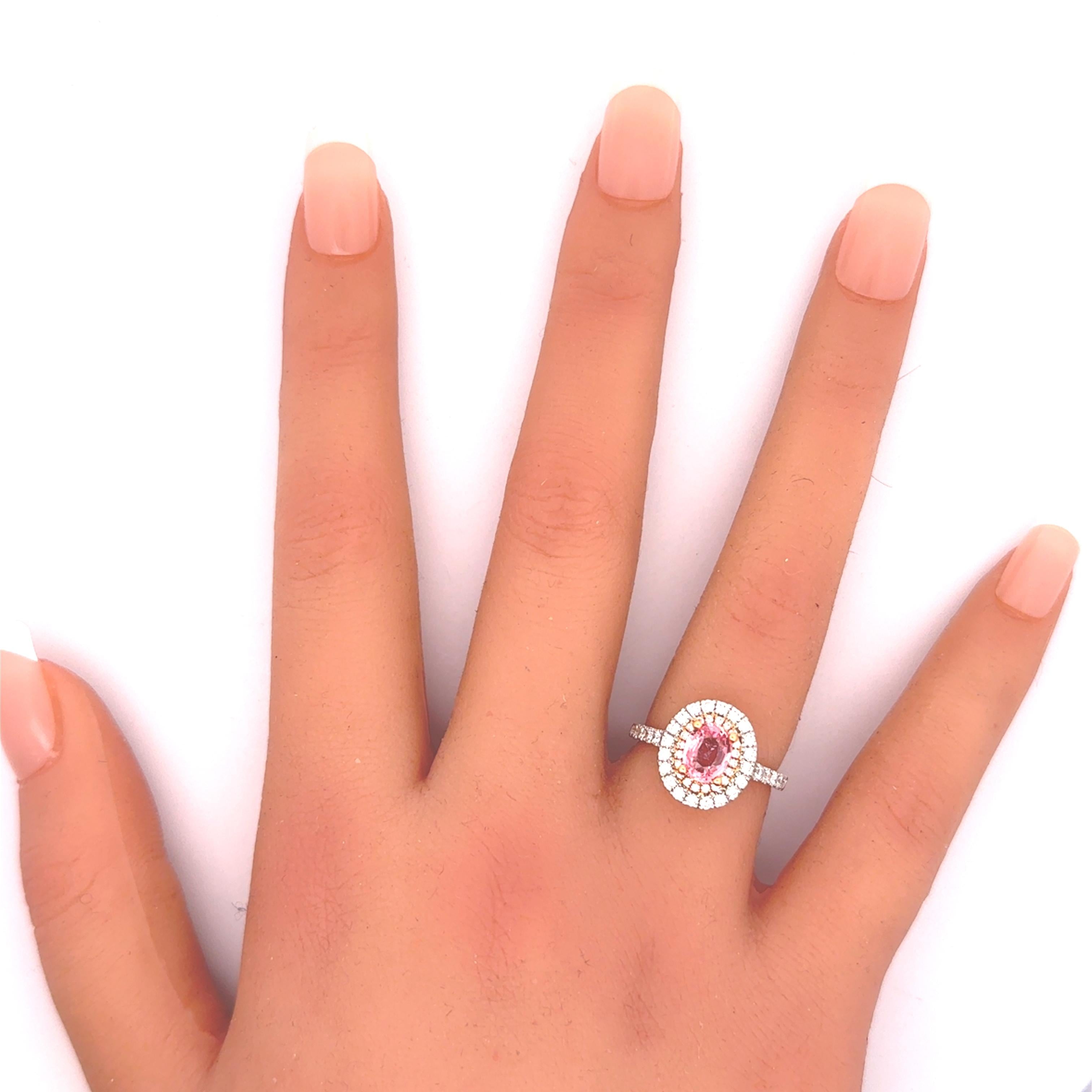 1.15 Carat Padparadscha Sapphire Diamond 18k White Gold Double Halo Ring, GIA