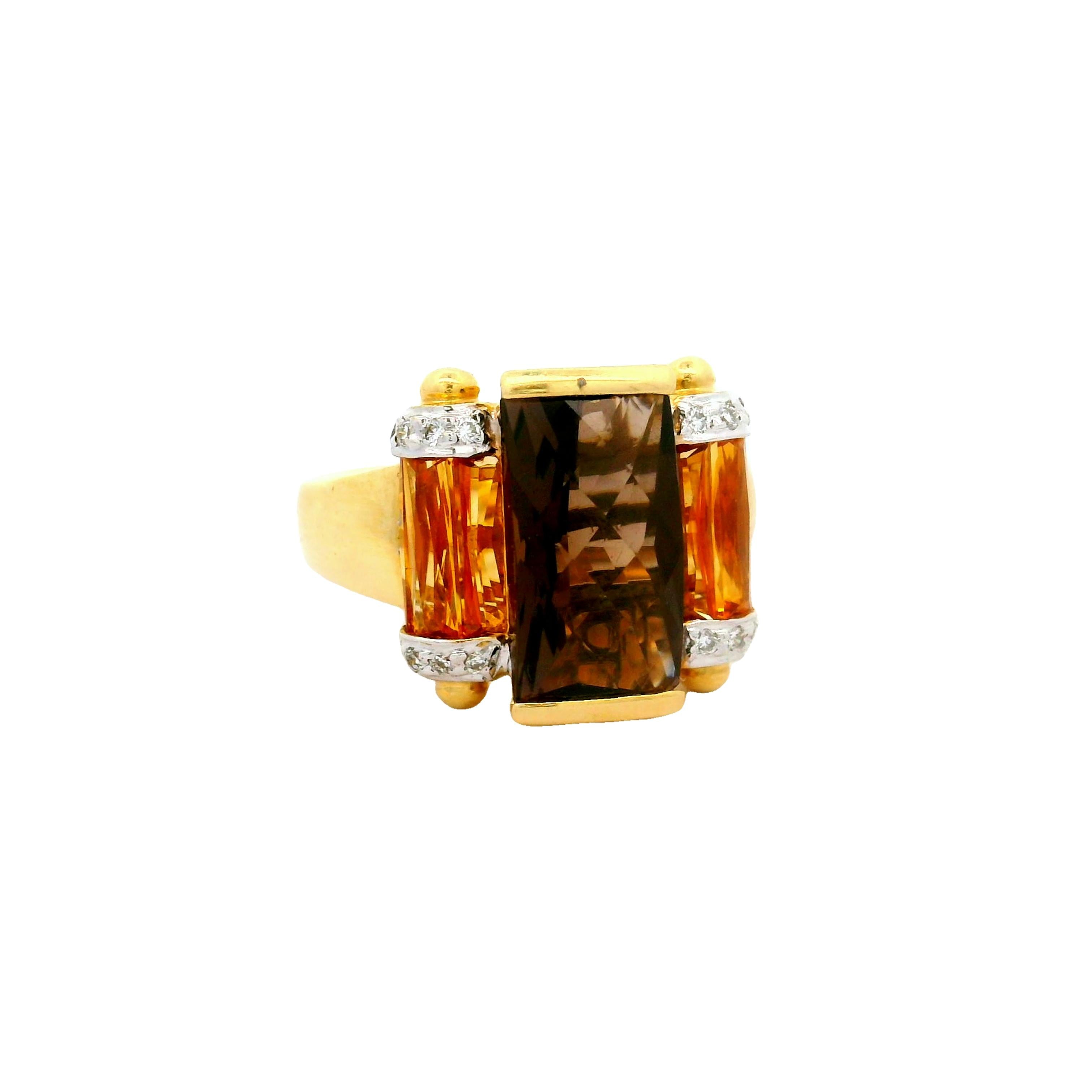 Bellari Smoky Quartz Citrine Diamond 18k Yellow Gold Ring