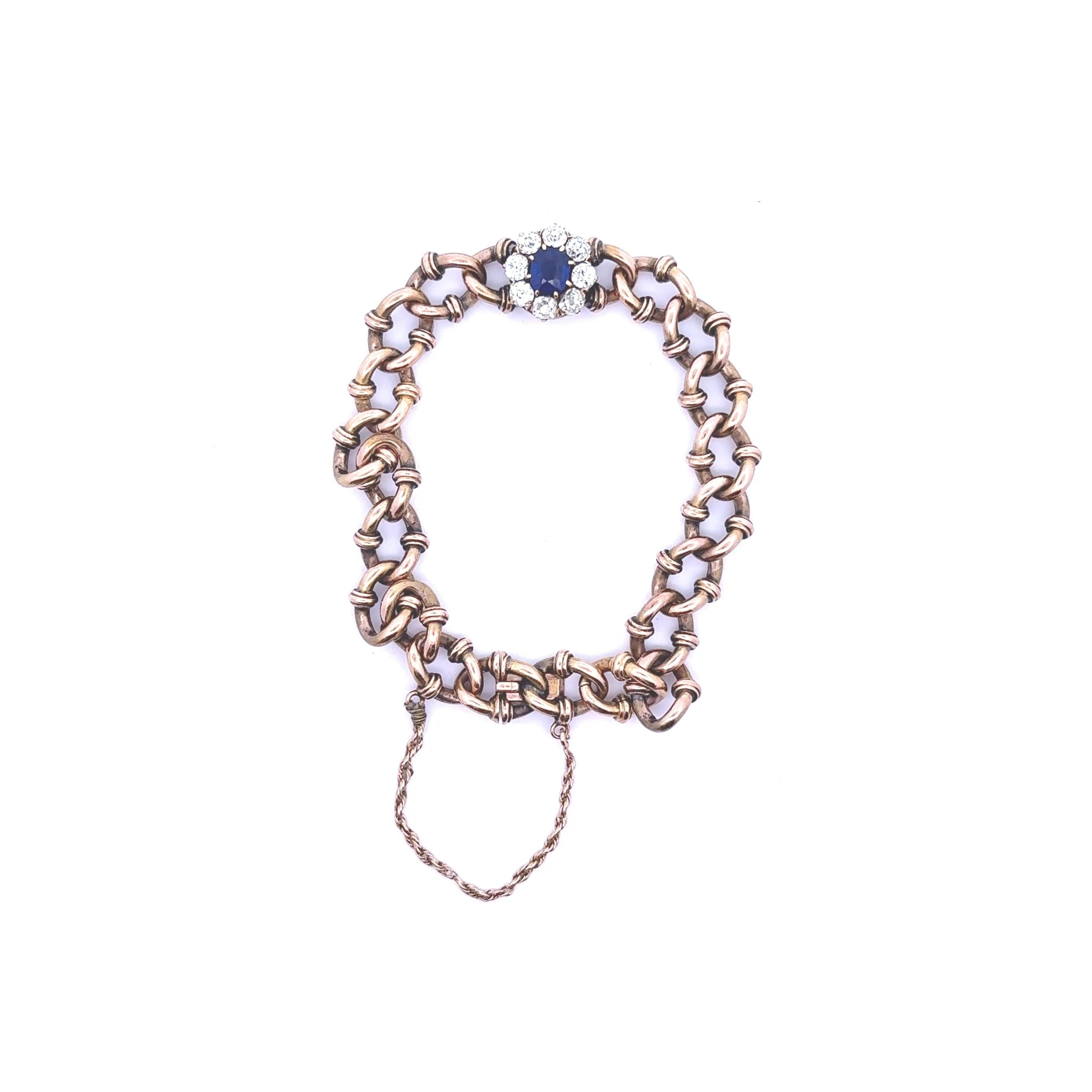 Antique Victorian Sapphire Diamond 18k Yellow Gold Link Bracelet, AGL Certified