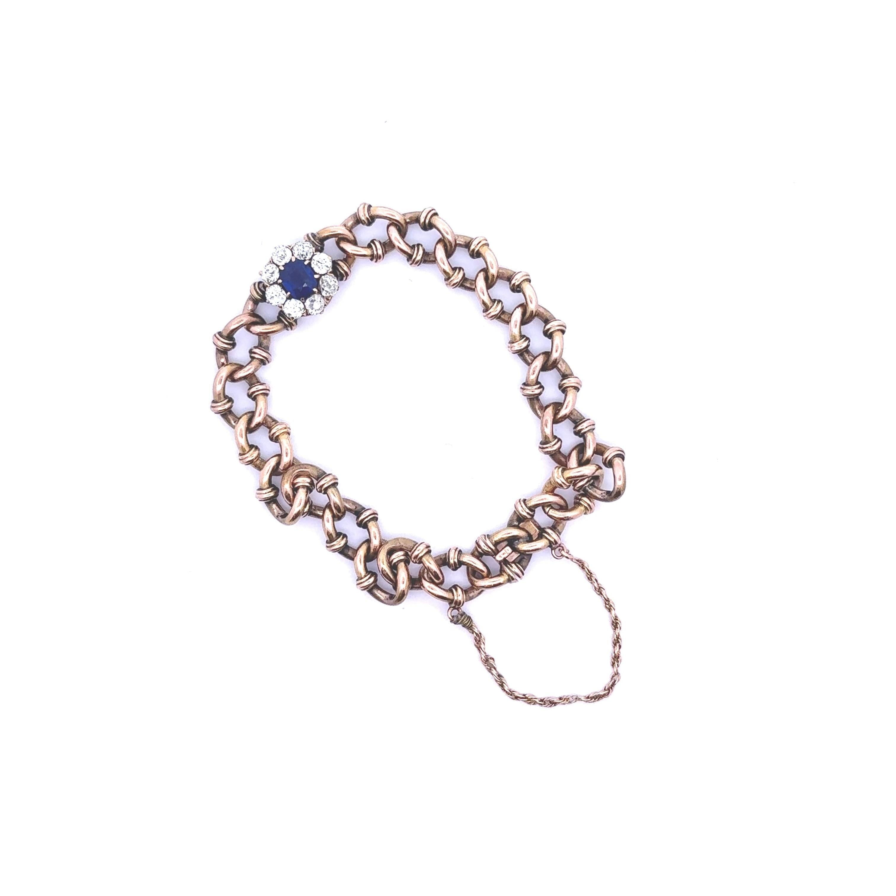 Antique Victorian Sapphire Diamond 18k Yellow Gold Link Bracelet, AGL Certified