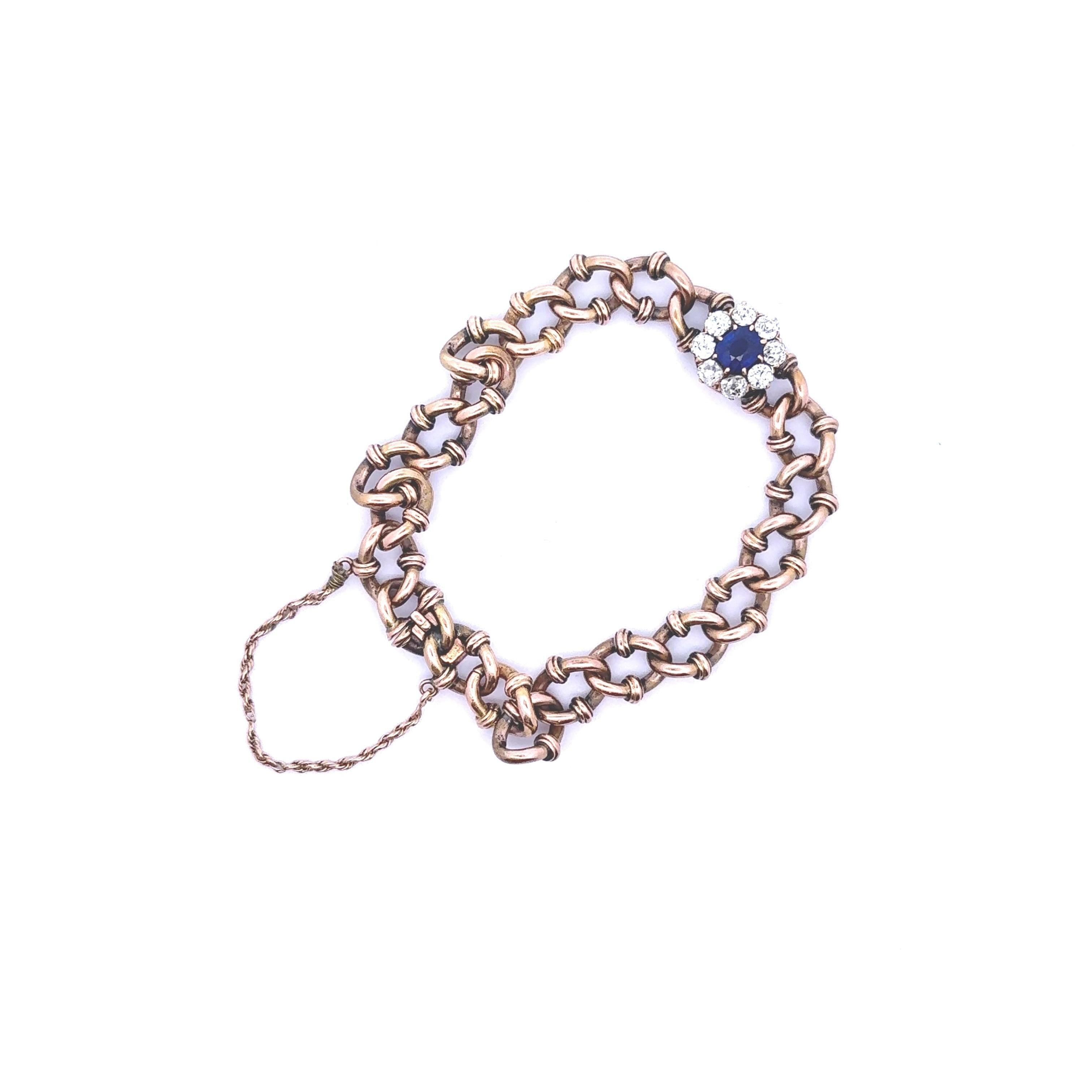 Antique Victorian Sapphire Diamond 18k Yellow Gold Link Bracelet, AGL Certified