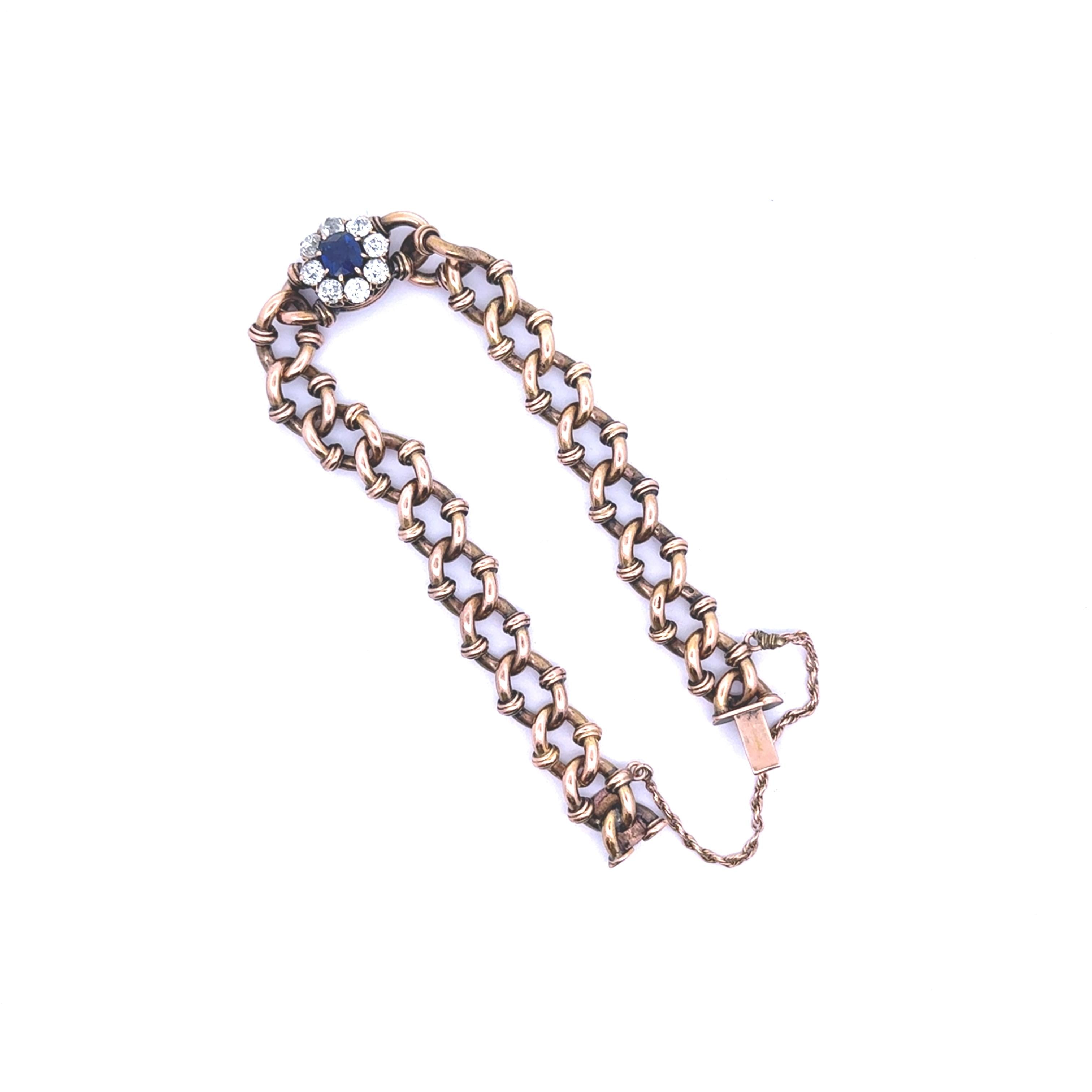 Antique Victorian Sapphire Diamond 18k Yellow Gold Link Bracelet, AGL Certified