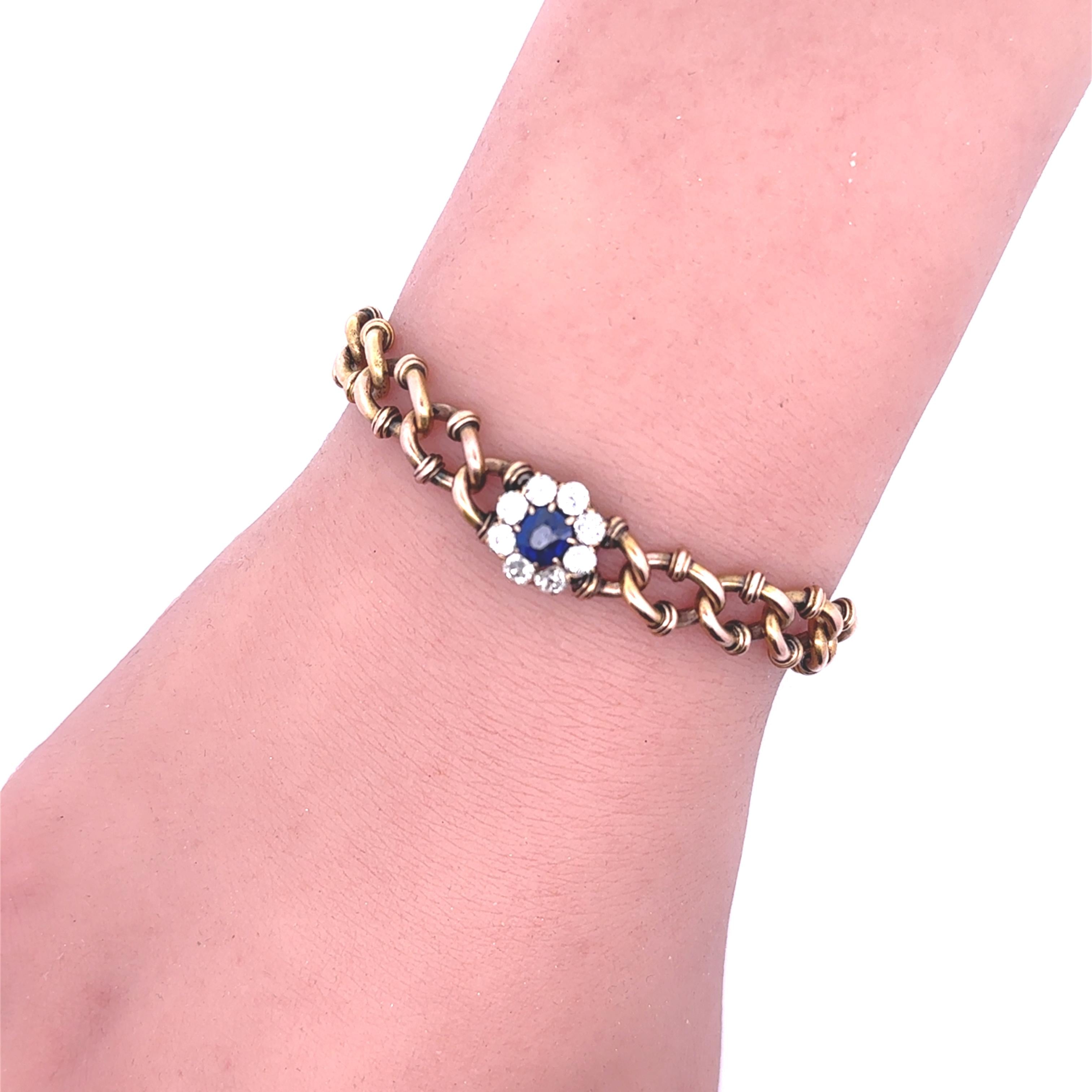 Antique Victorian Sapphire Diamond 18k Yellow Gold Link Bracelet, AGL Certified