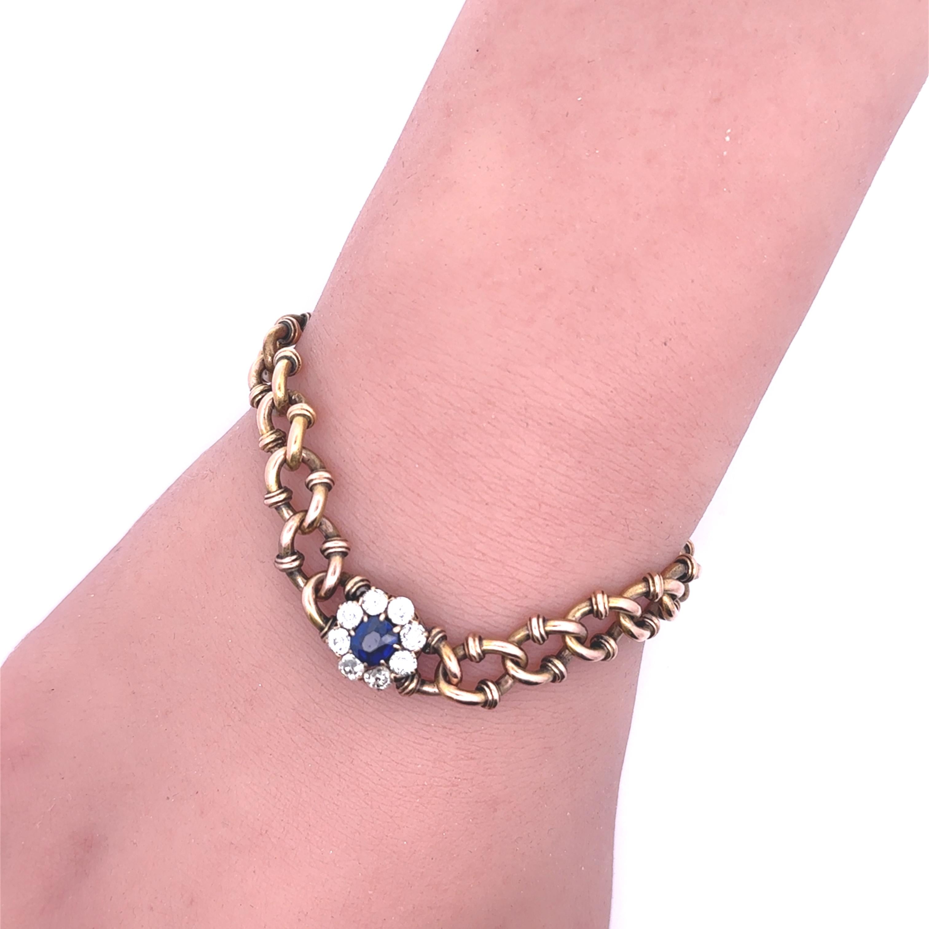 Antique Victorian Sapphire Diamond 18k Yellow Gold Link Bracelet, AGL Certified