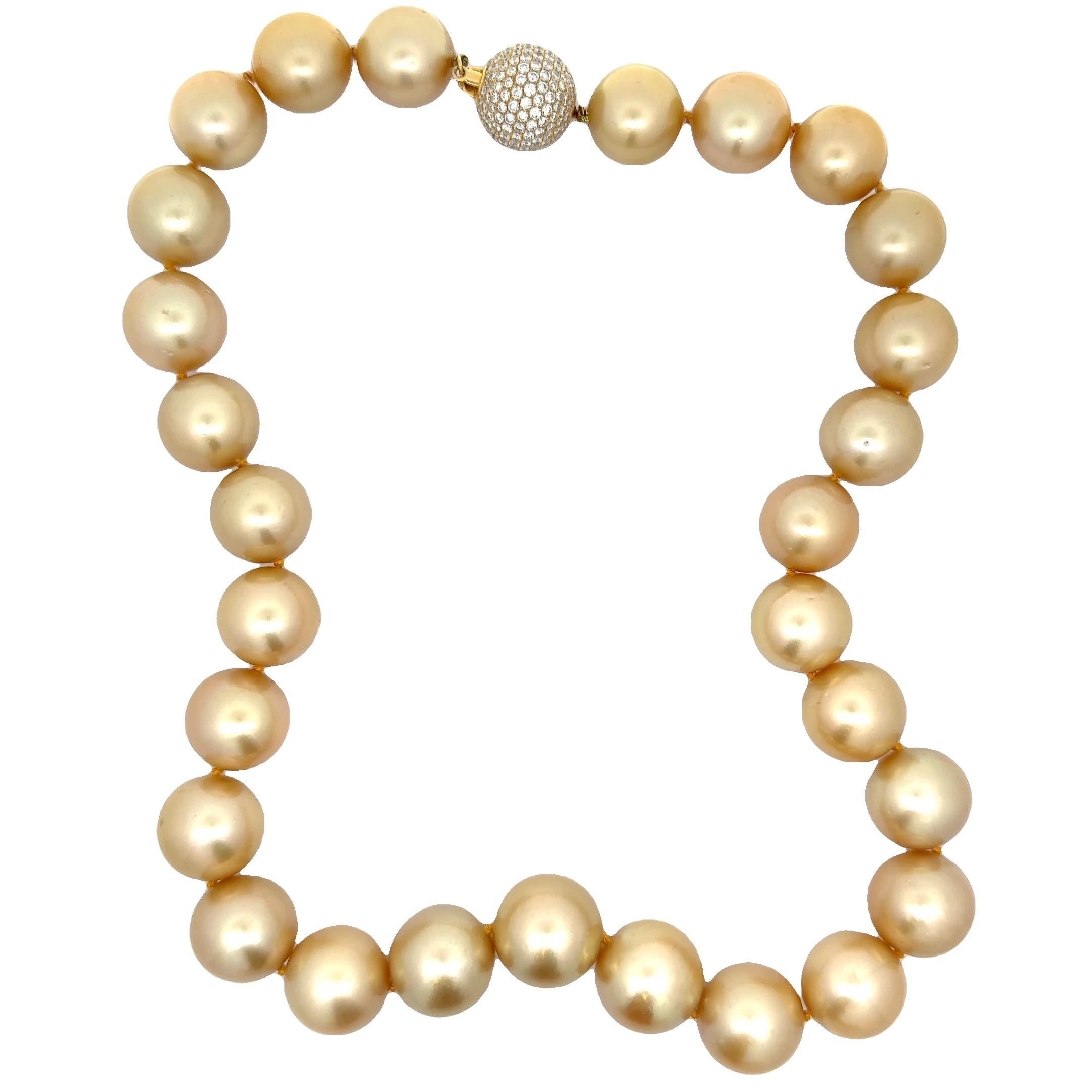 Stunning 15-17mm Golden South Sea Pearl Diamond Pave 18k Yellow Gold Necklace