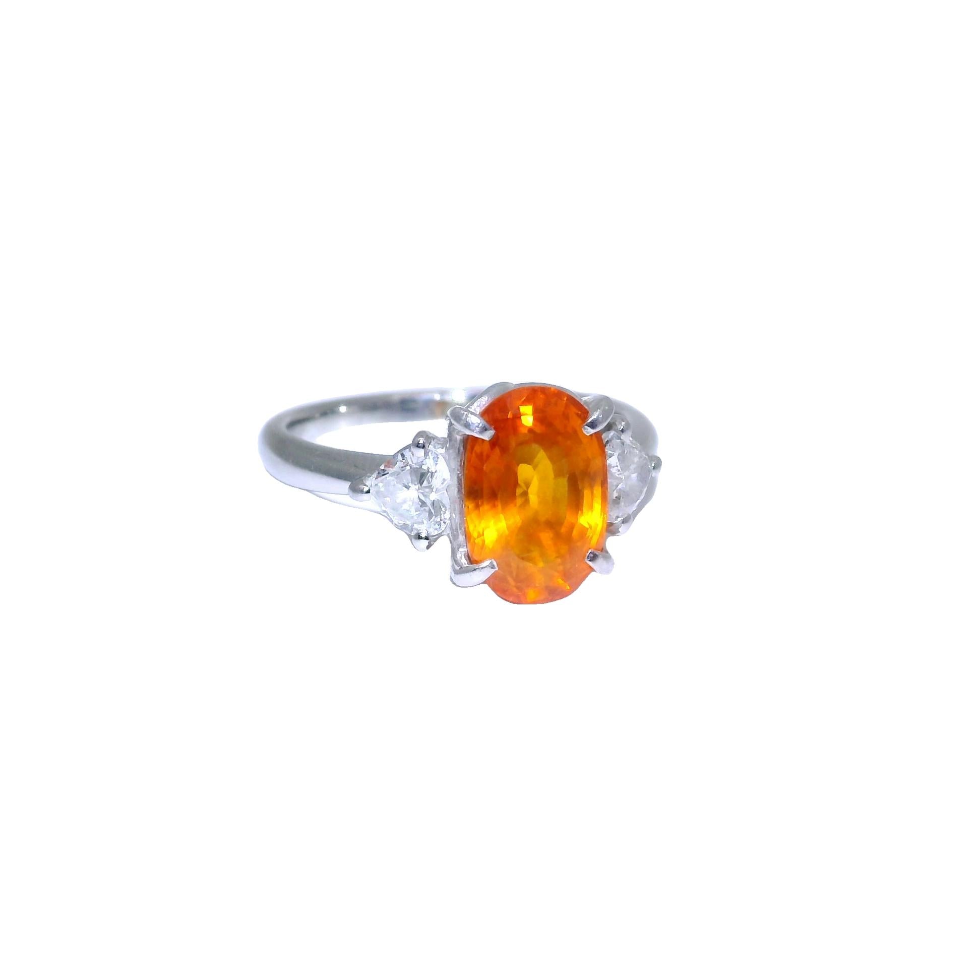 3.89 Carat Orange Sapphire Diamond Platinum Three-Stone Ring, GIA Cert