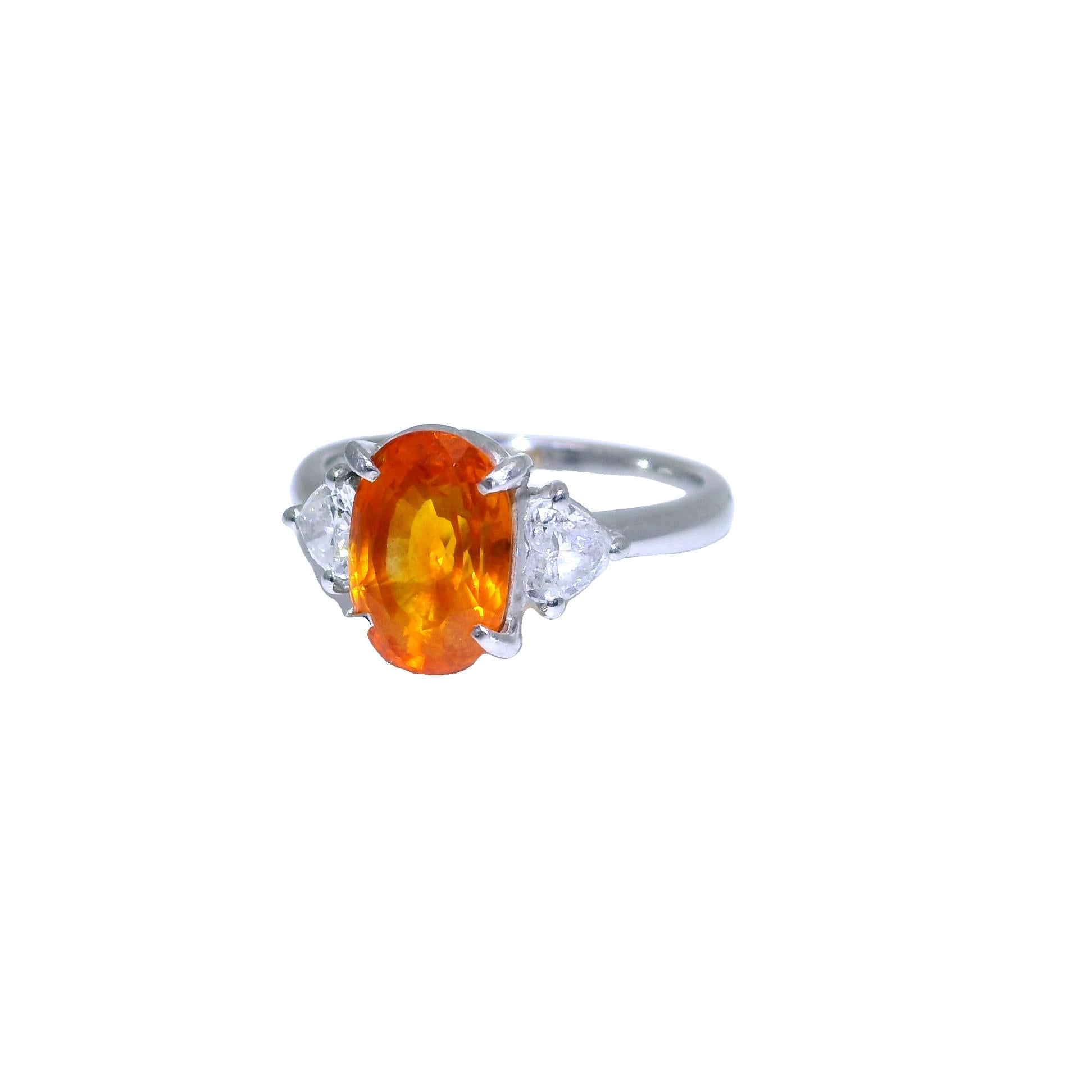 3.89 Carat Orange Sapphire Diamond Platinum Three-Stone Ring, GIA Cert