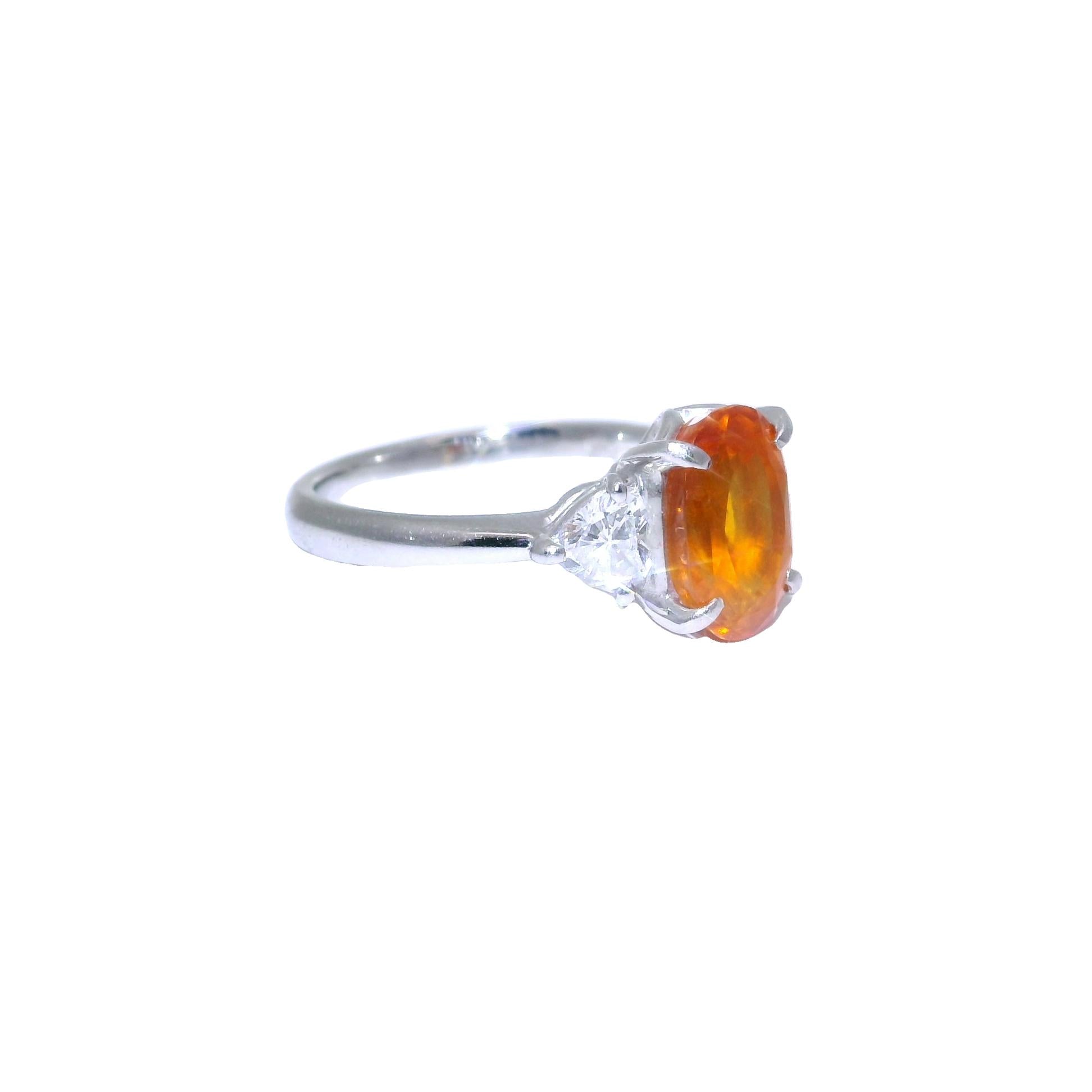 3.89 Carat Orange Sapphire Diamond Platinum Three-Stone Ring, GIA Cert