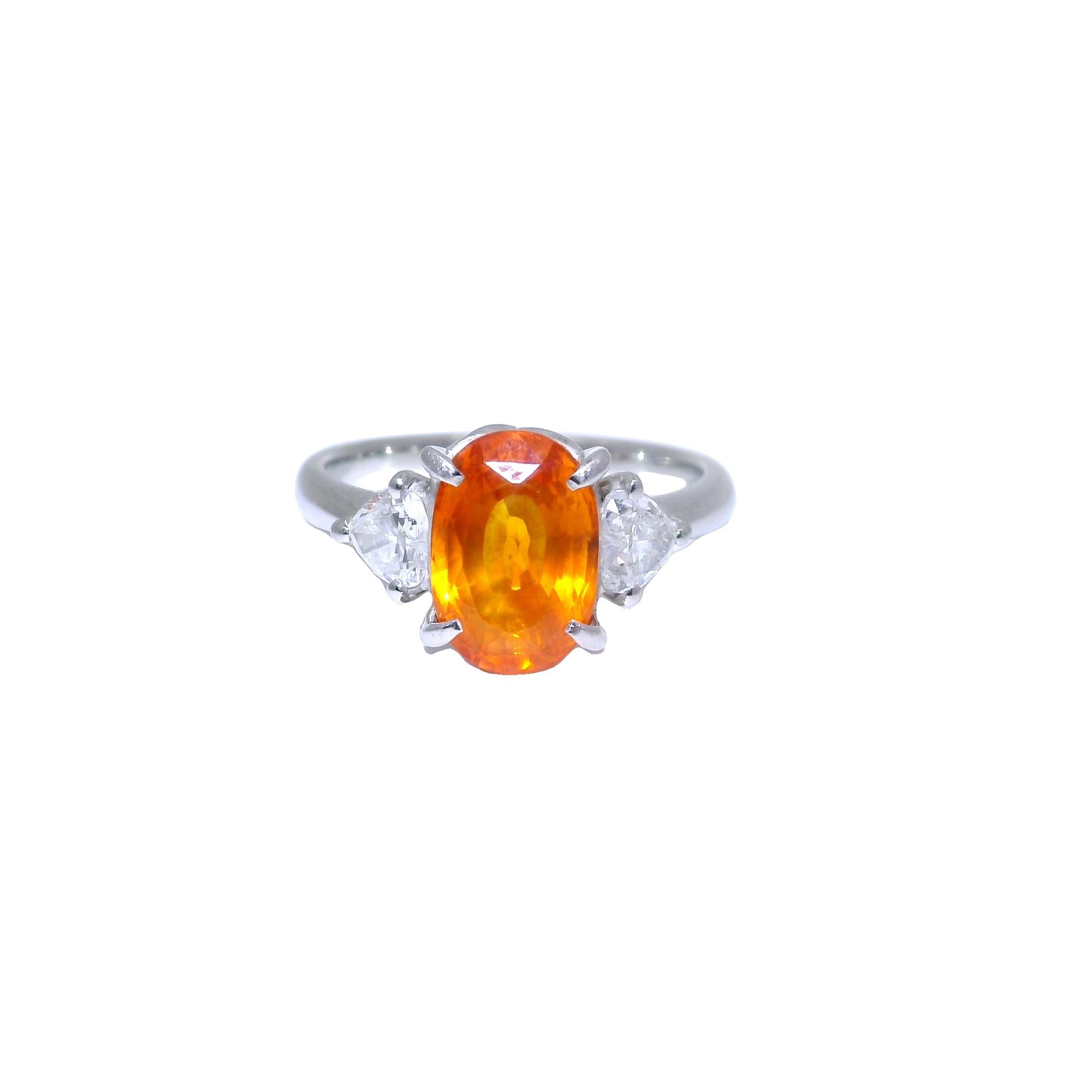 3.89 Carat Orange Sapphire Diamond Platinum Three-Stone Ring, GIA Cert