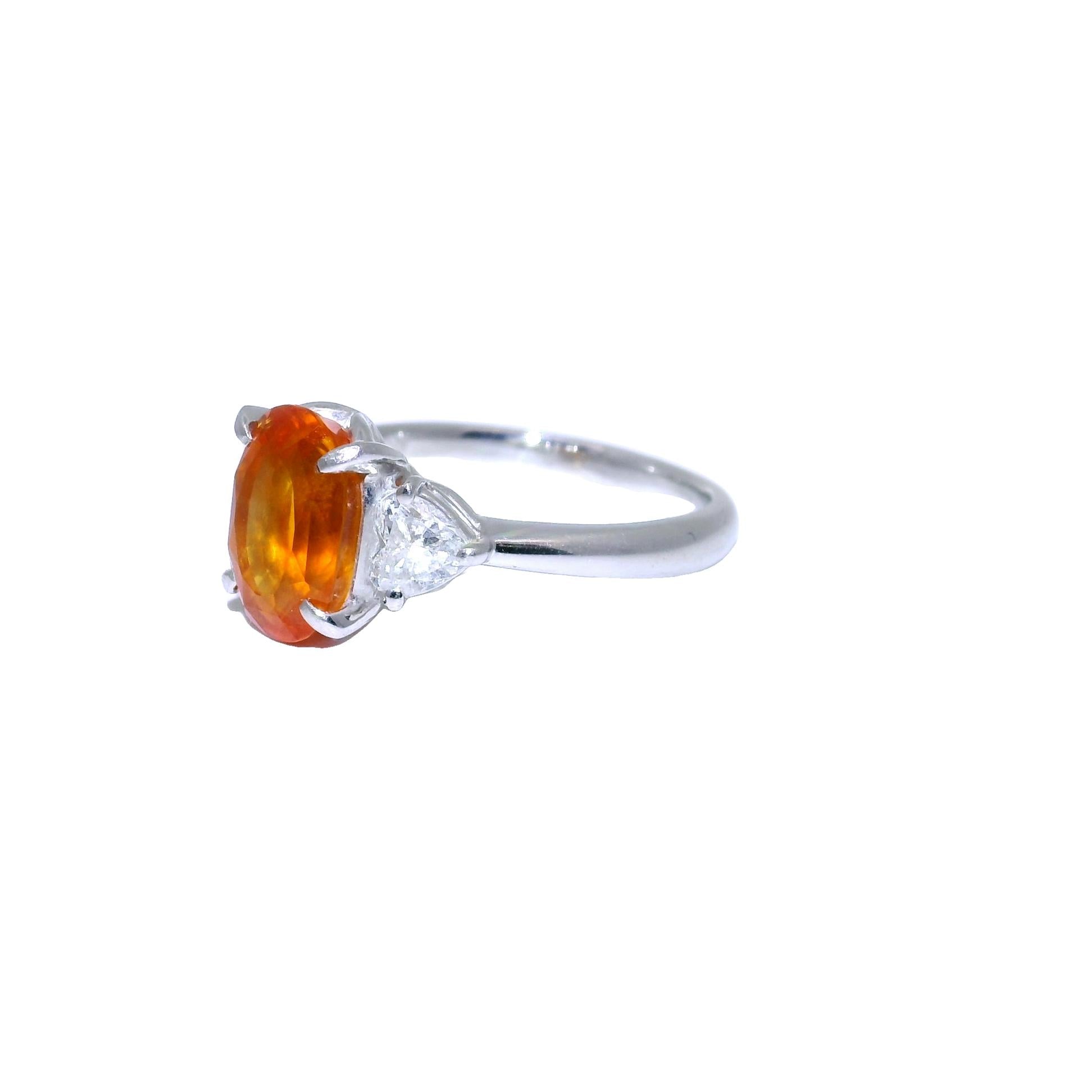 3.89 Carat Orange Sapphire Diamond Platinum Three-Stone Ring, GIA Cert