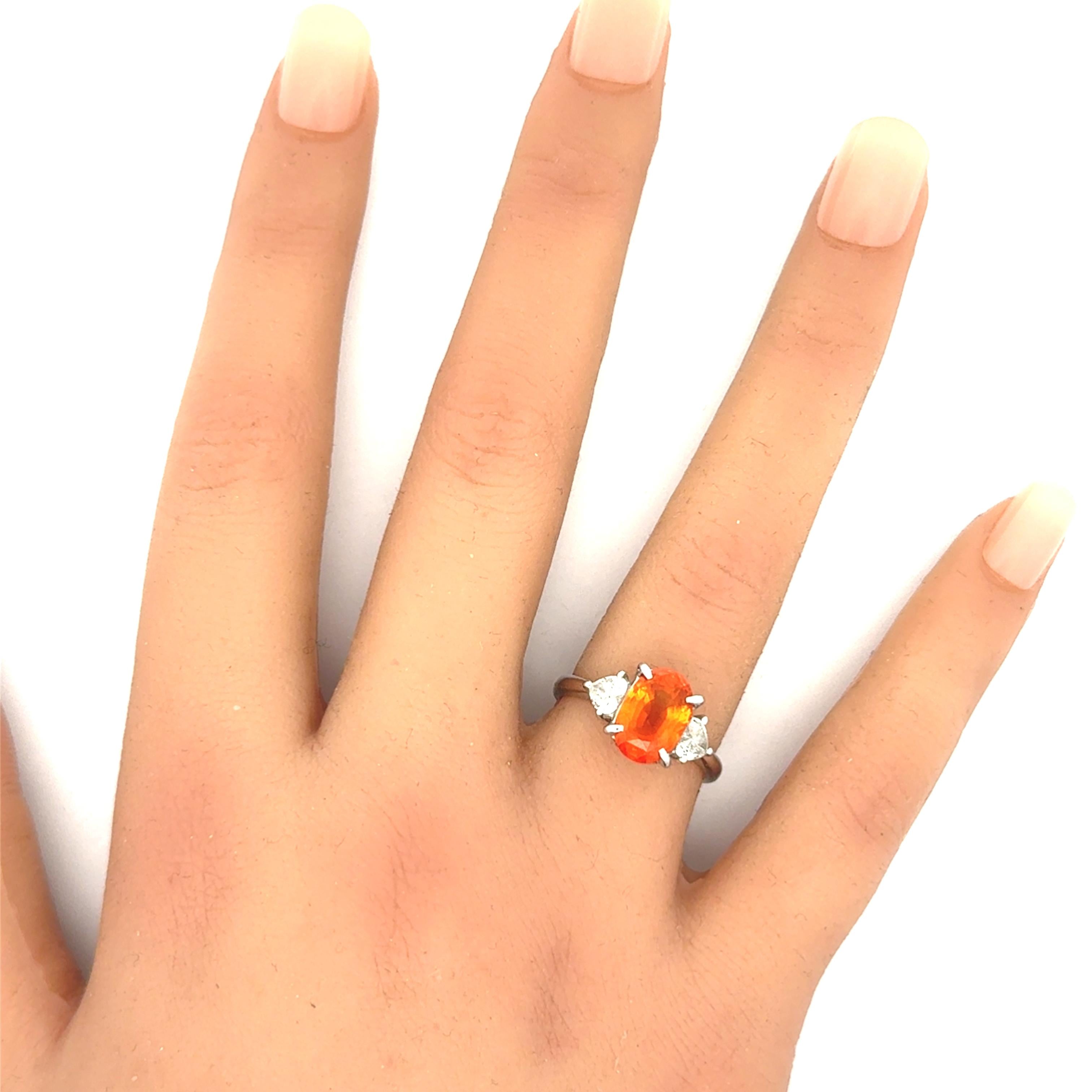 3.89 Carat Orange Sapphire Diamond Platinum Three-Stone Ring, GIA Cert