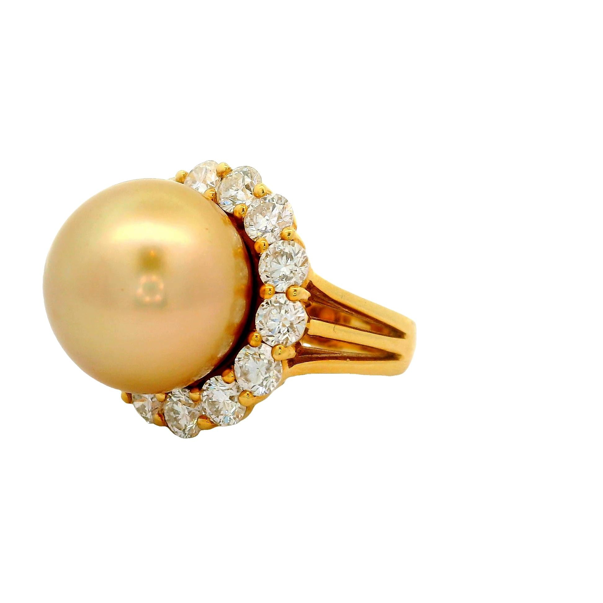 Hubert 17mm Golden South Sea Pearl Diamond 18K Yellow Gold Cocktail Ring