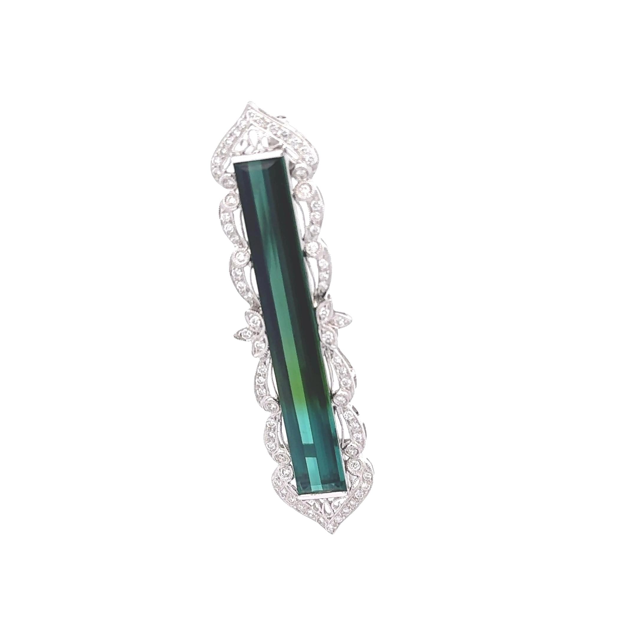 16 Carats Bi-Color Tourmaline Diamond 18k White Gold Antique Style Brooch